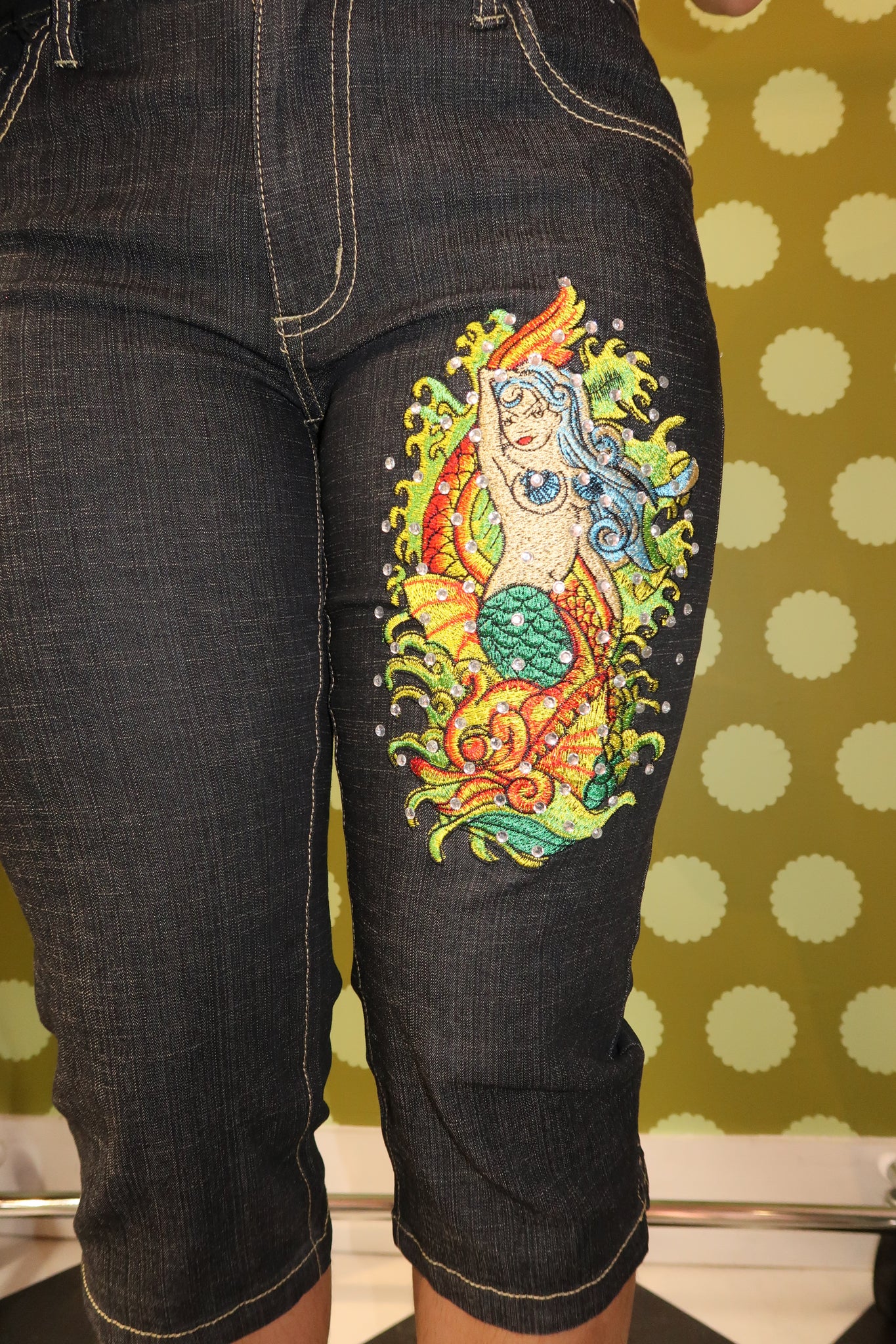 Embroidered Mermaid Dark Washed Denim Capris