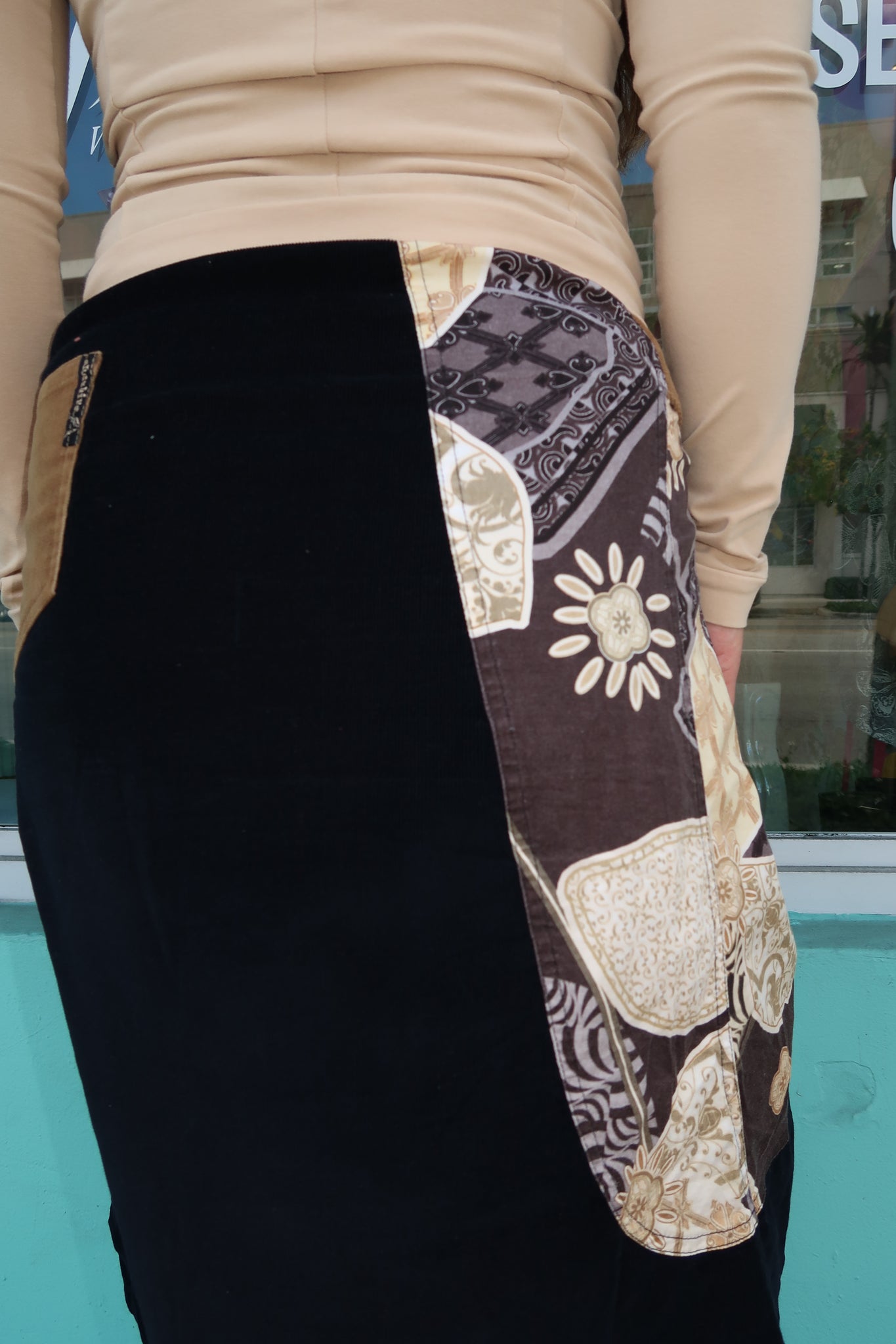 Black Patterned Wrap Belt Midi Skirt