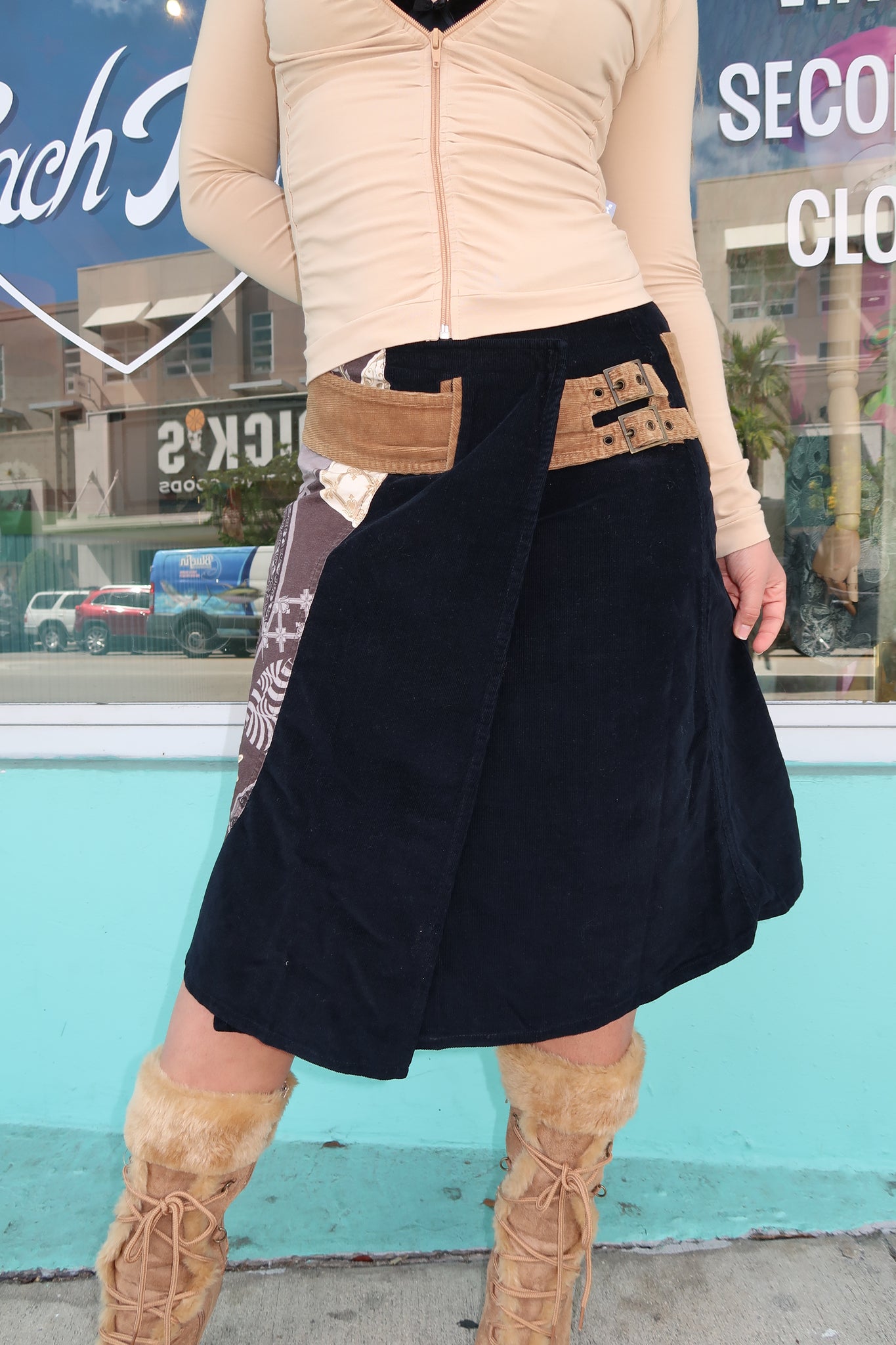 Black Patterned Wrap Belt Midi Skirt