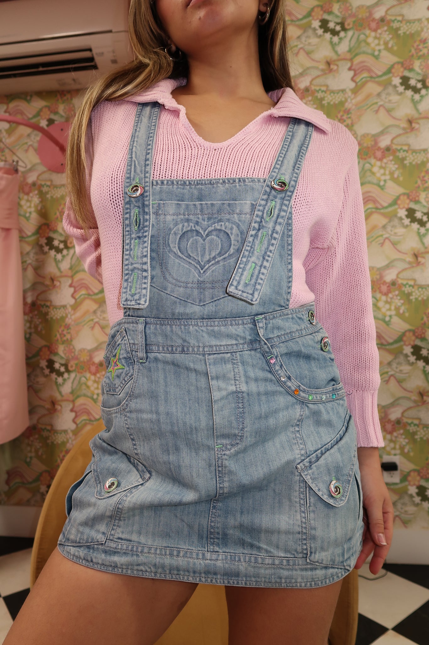 Light Denim Heart Colorful Overalls Dress