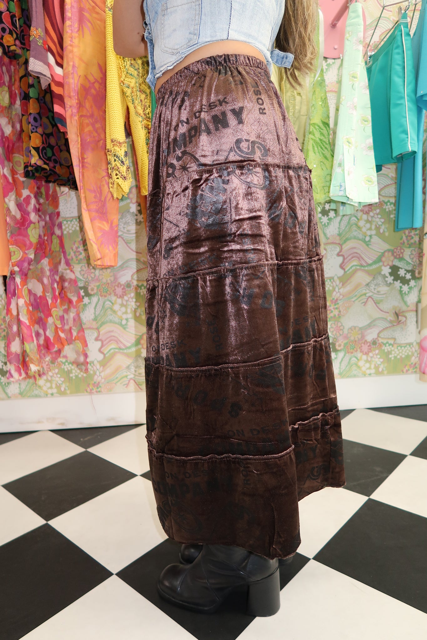 Brown Text Printed Tiered Maxi Skirt