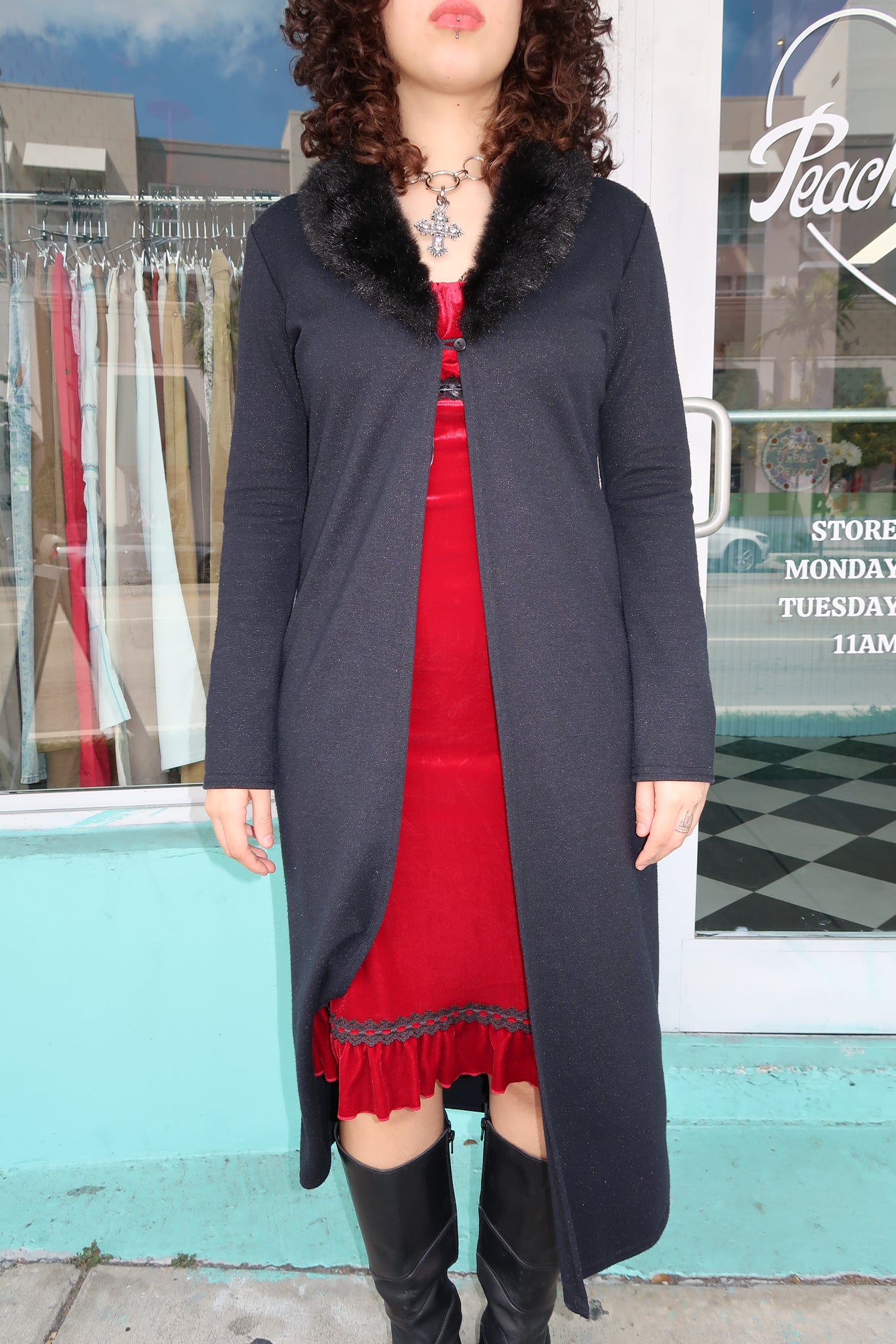 Black Maxi Cardigan With Fuzzy Neck