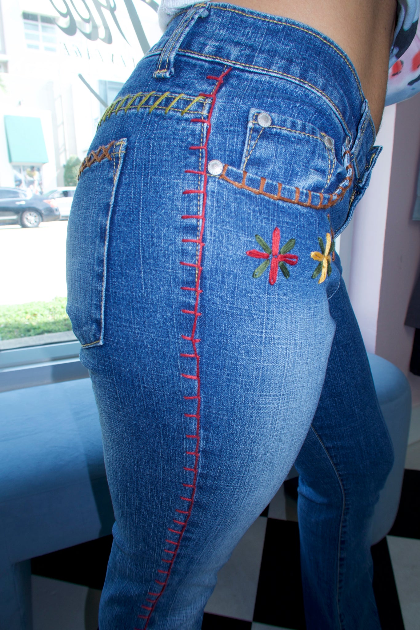 Blue Embroidered Flower Detail Flare Jeans