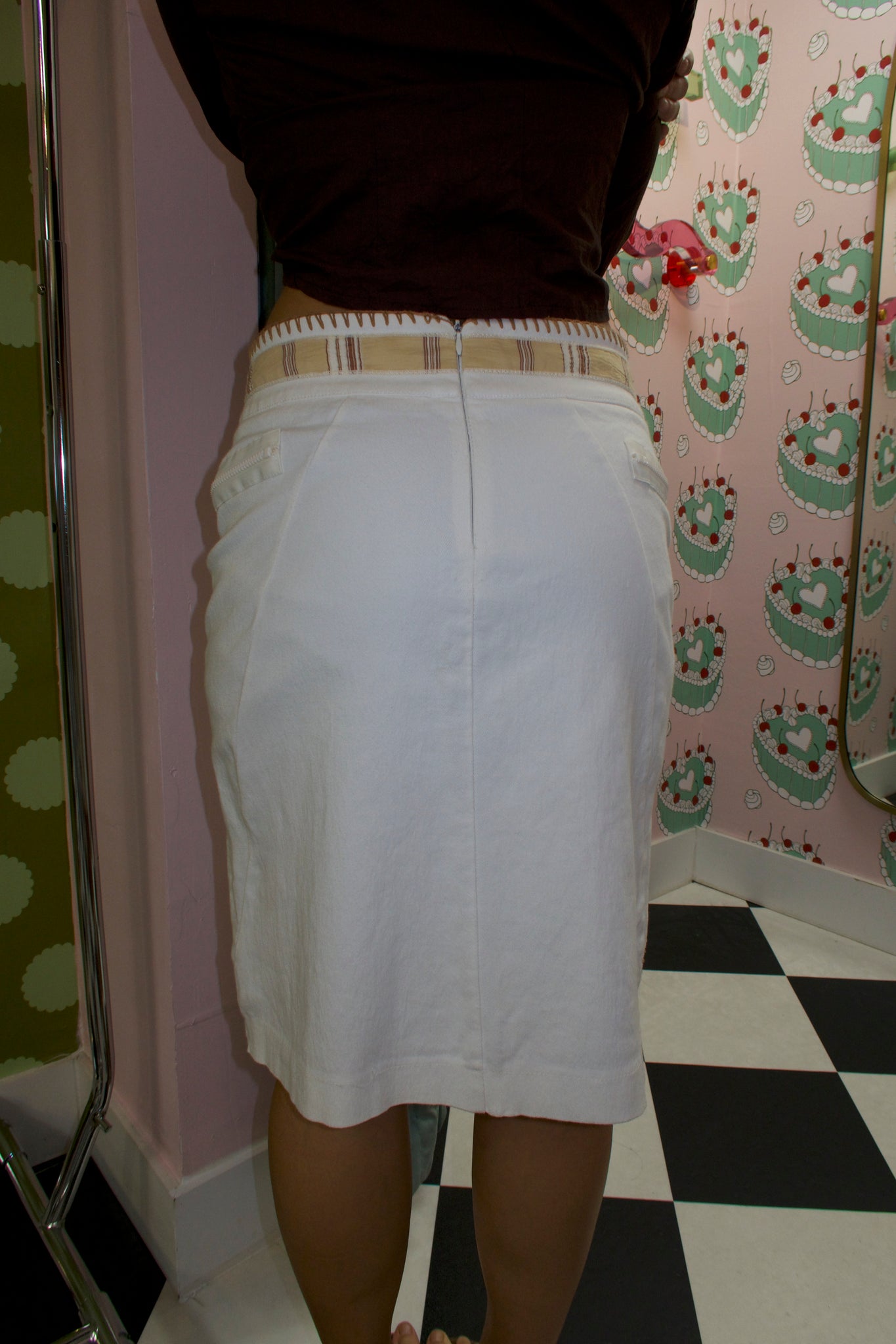White Zipper Pocket Embroidered Midi Skirt