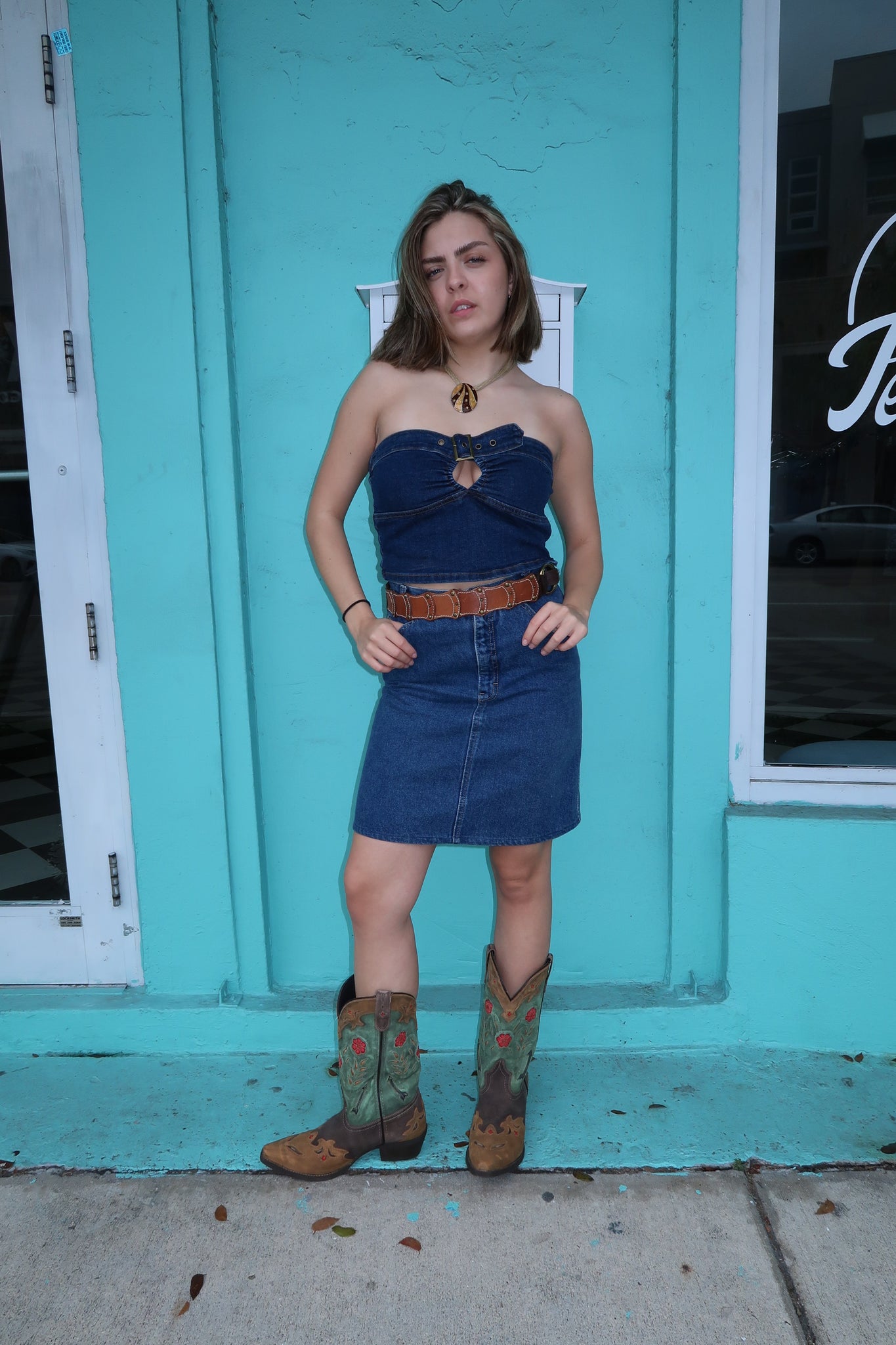 Denim Strapless Top Built in Buckle