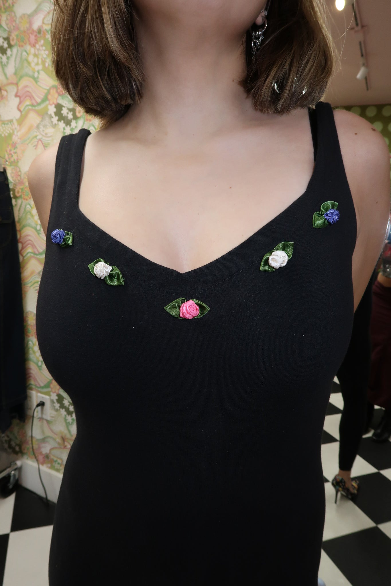 Black Bodysuit Embroidered Flowers