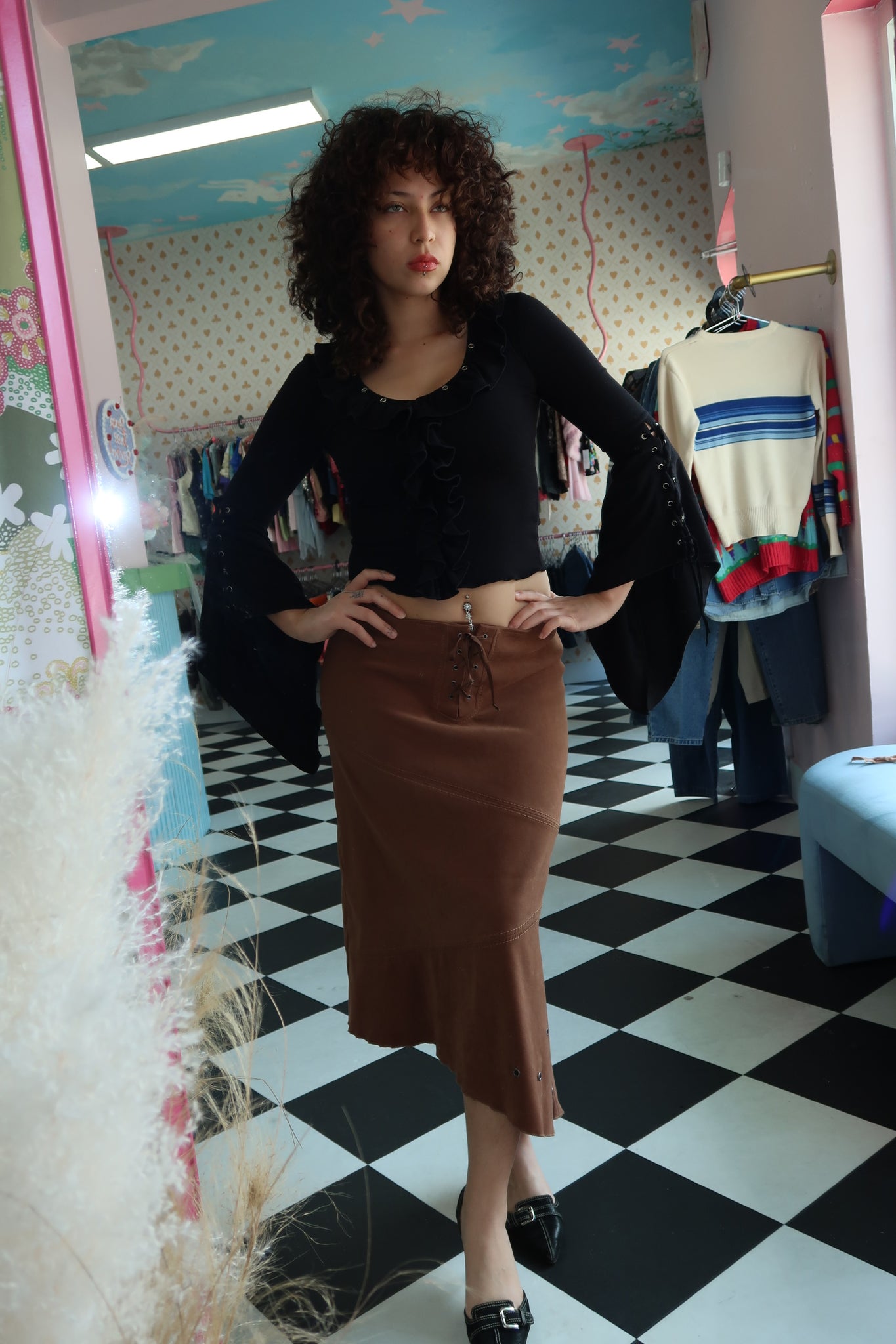 Brown Tie Midi Skirt