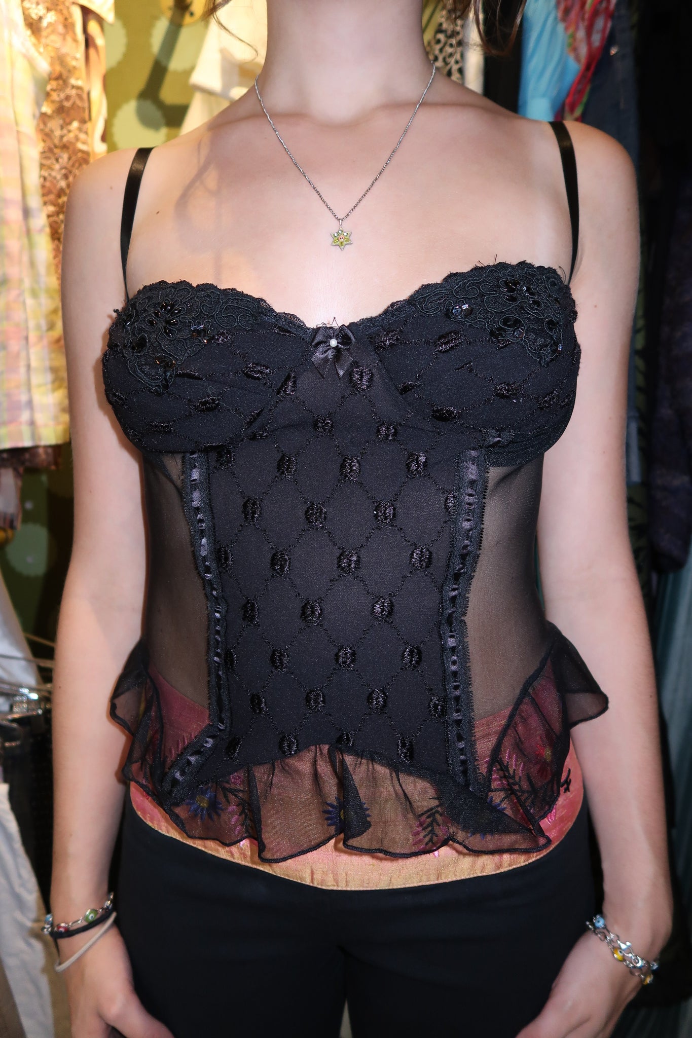 Embroidered/Mesh Corset Top