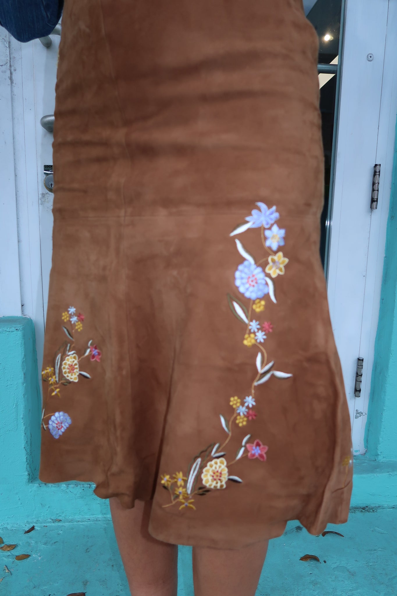 Leather Midi Floral Embroidery Skirt