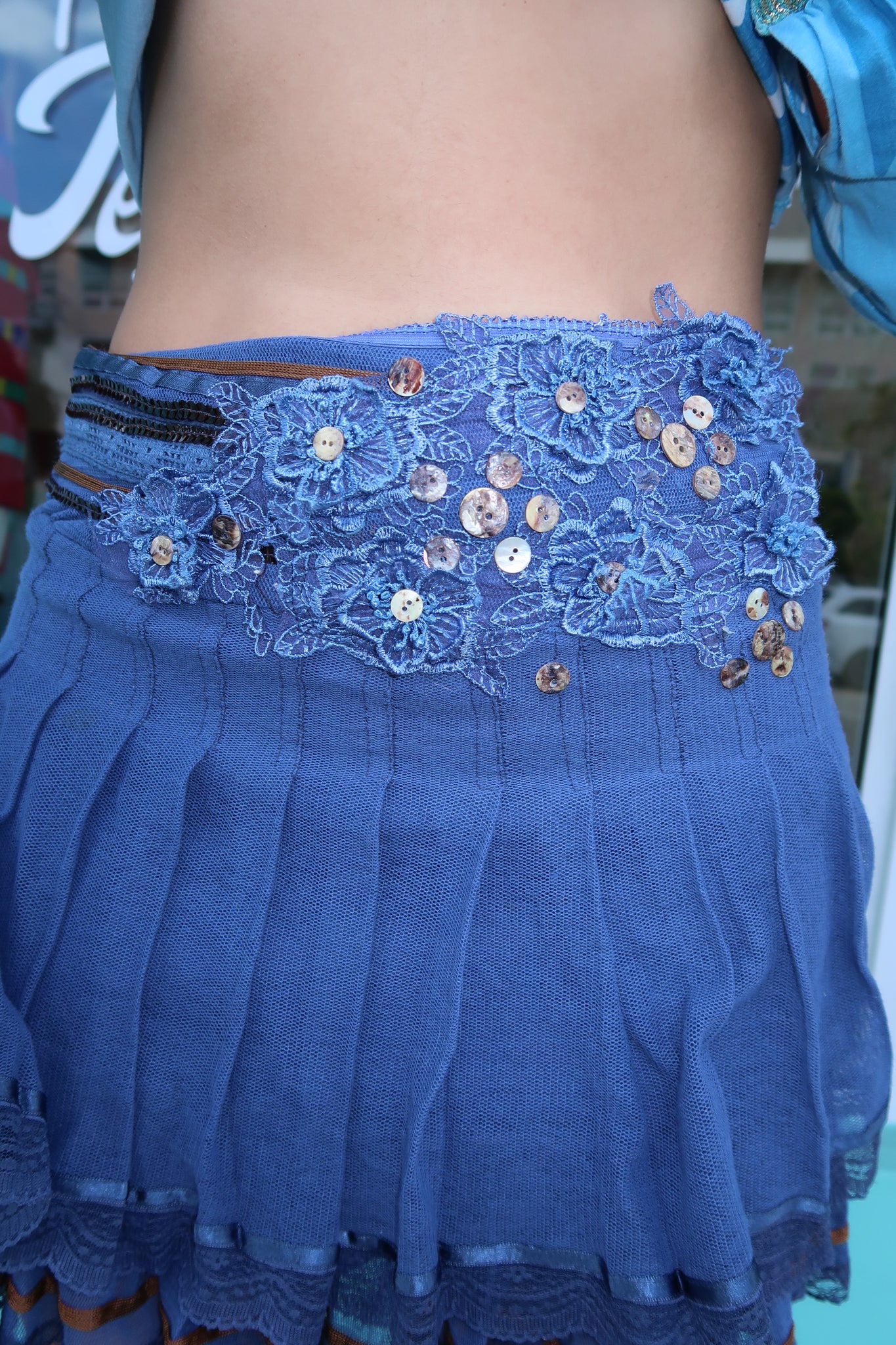 Blue Embellished Ruffled Skirt