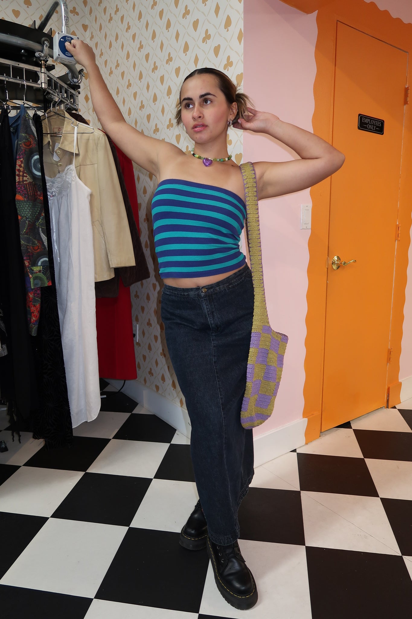 Blue & Purple Striped Strapless Top