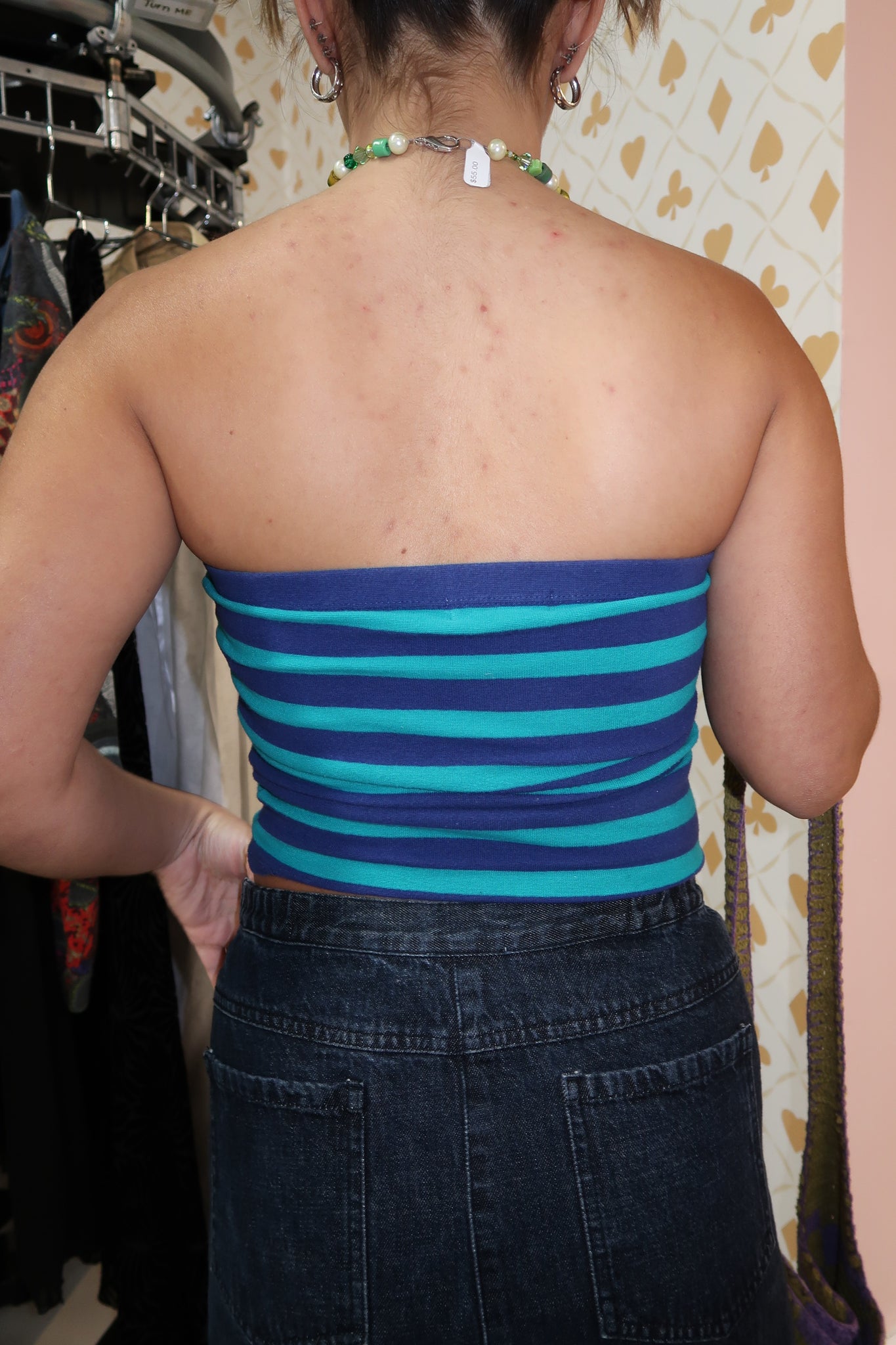 Blue & Purple Striped Strapless Top