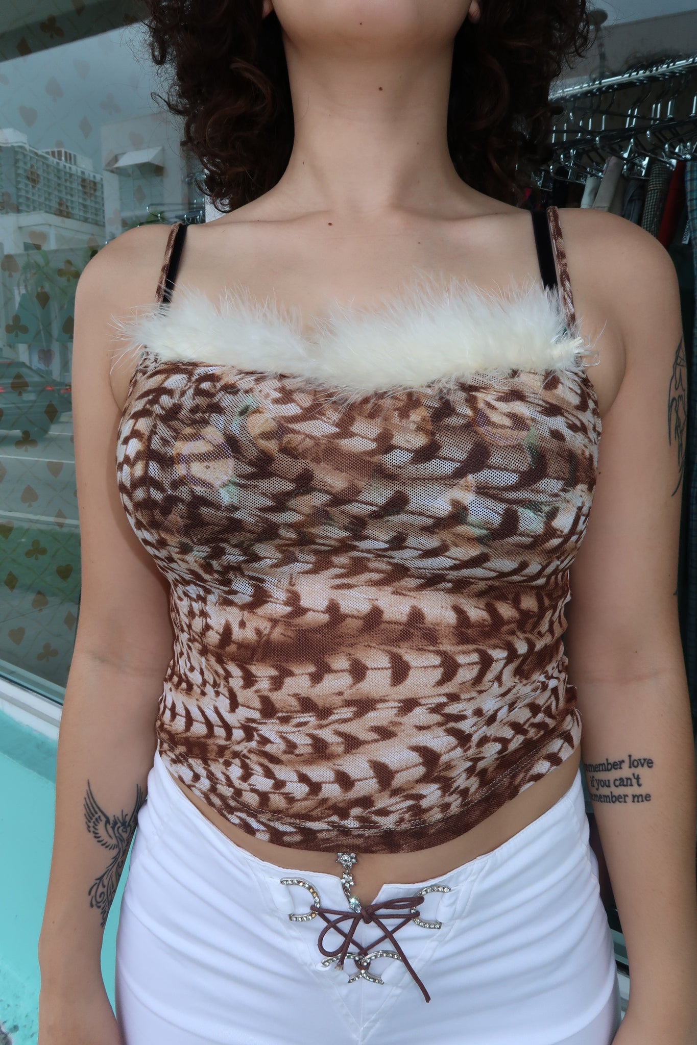 Patterned Feather Trim Tank Top