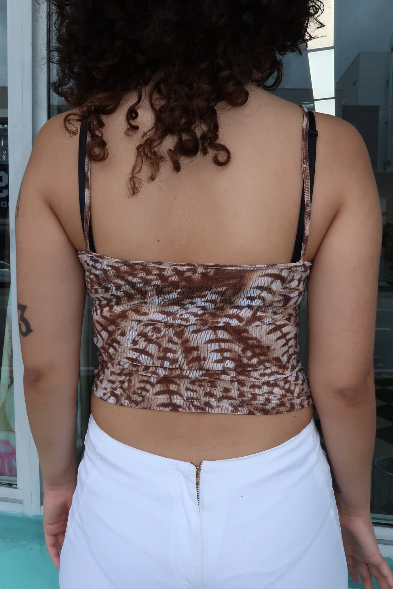 Patterned Feather Trim Tank Top