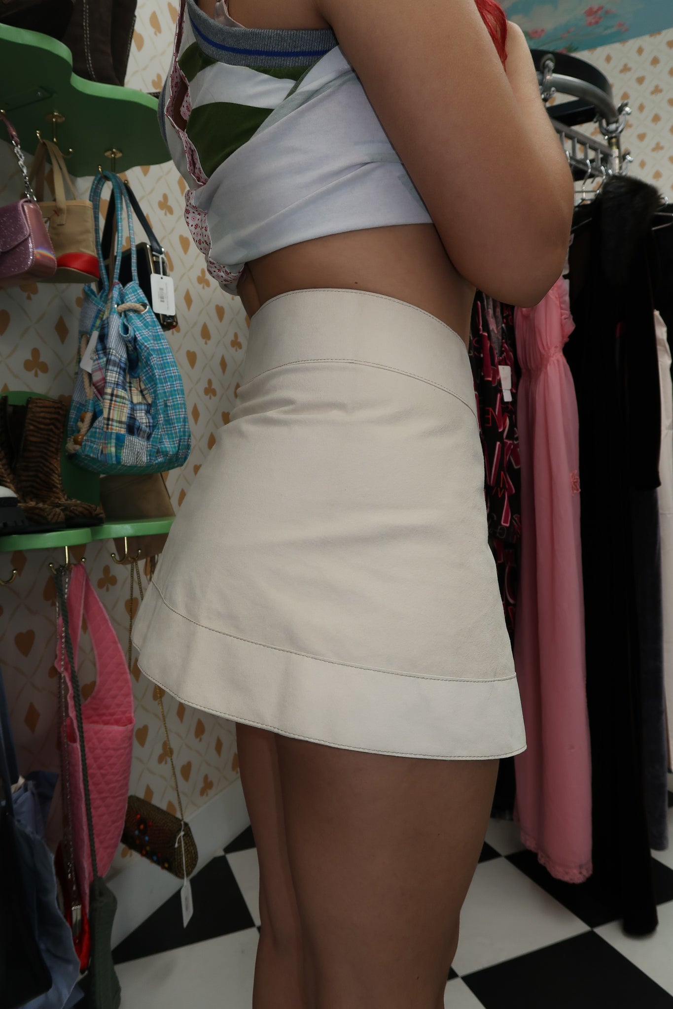 High Waist Beige Suede Mini Skirt