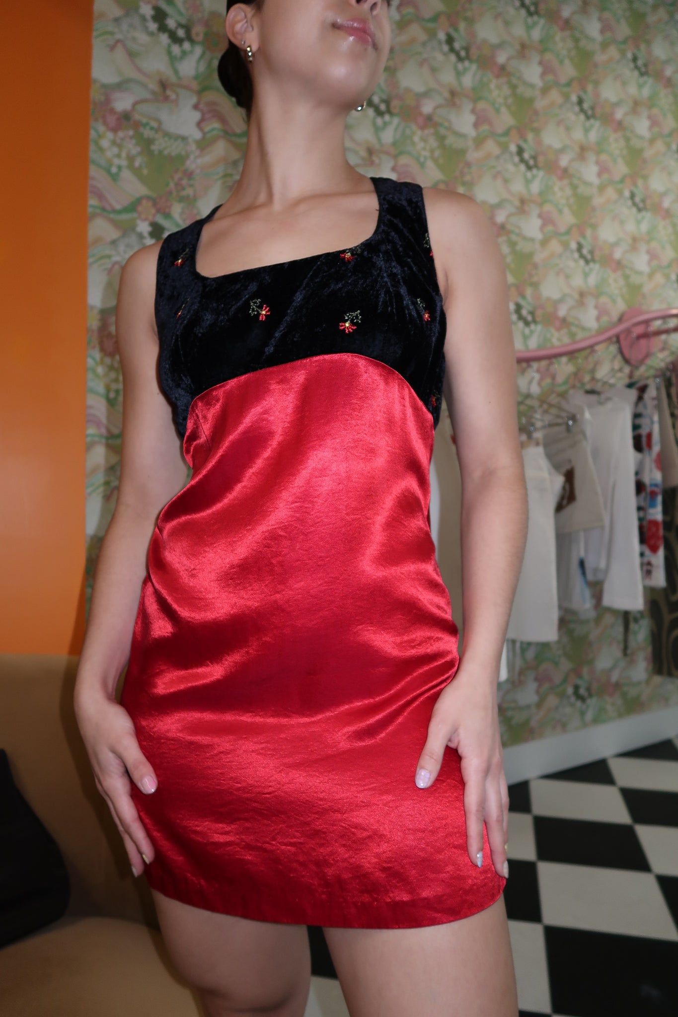 90's Velvet Trim Mini Dress