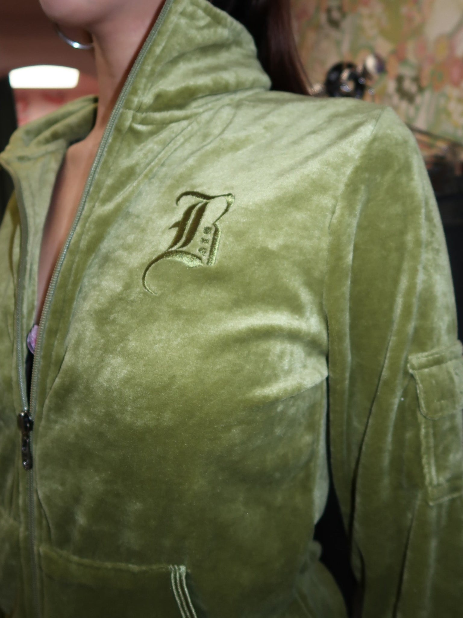 BCBG Green Velvet Zip Up Jacket