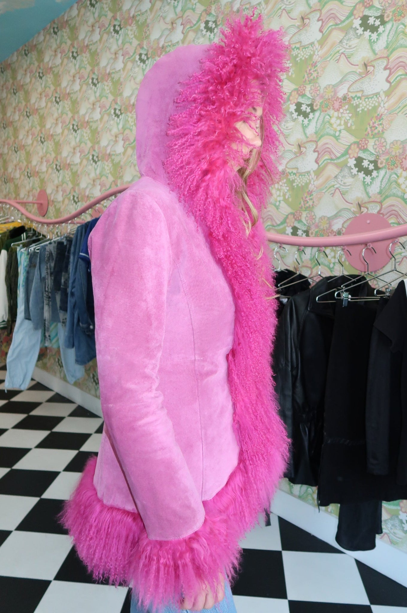 Hot Pink Faux Fur Trim Coat