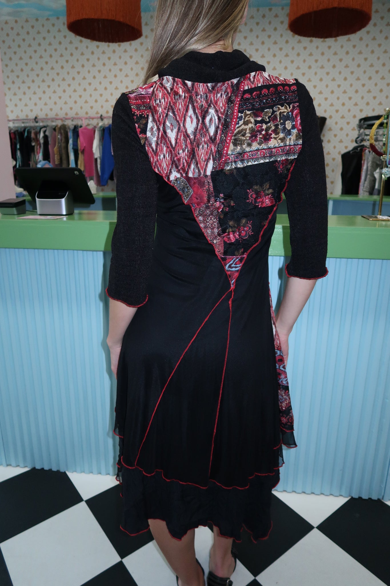 Mesh Cowl Neck Patchwork Midi Dress