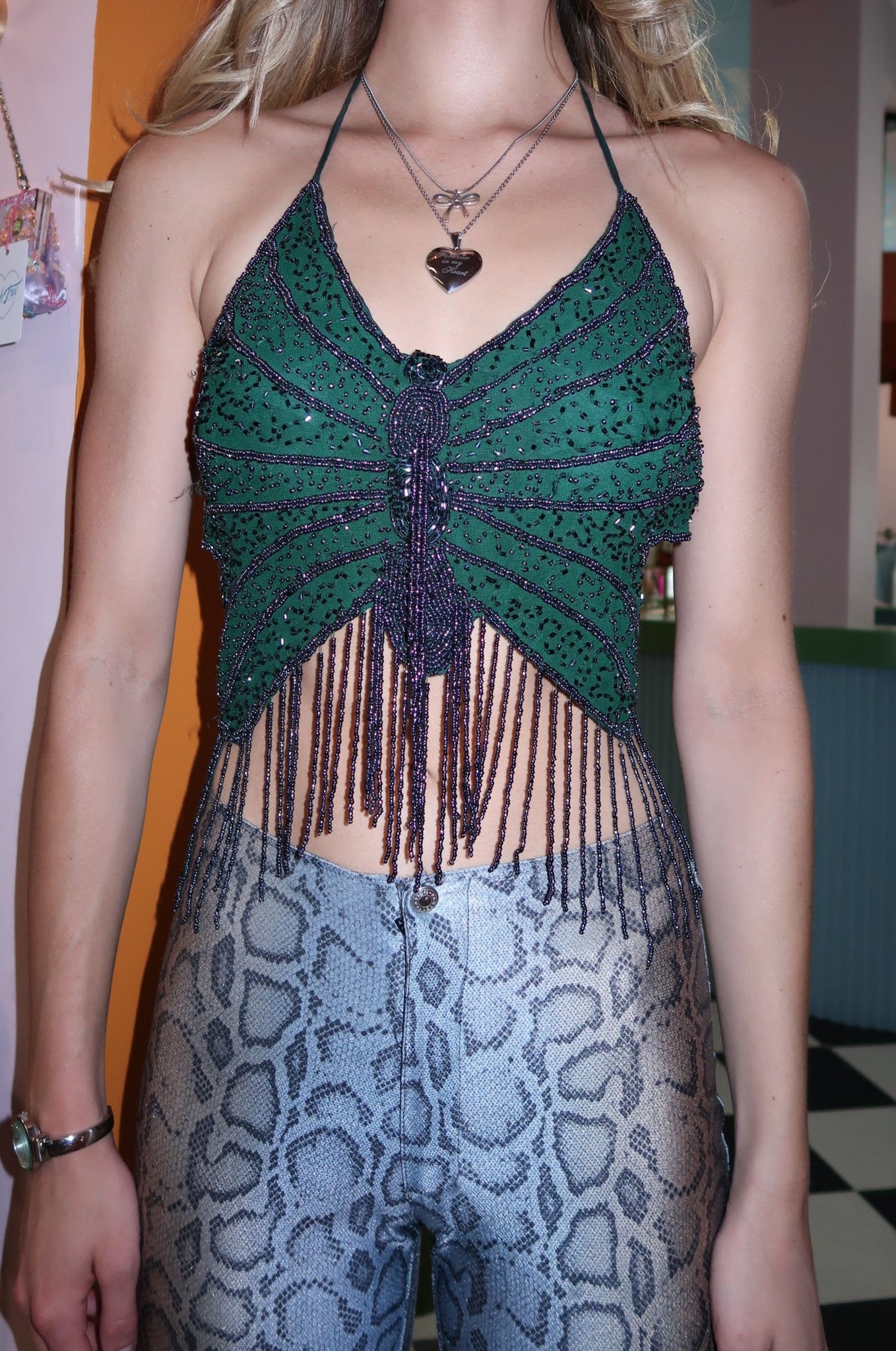 Green Beaded Butterfly Top
