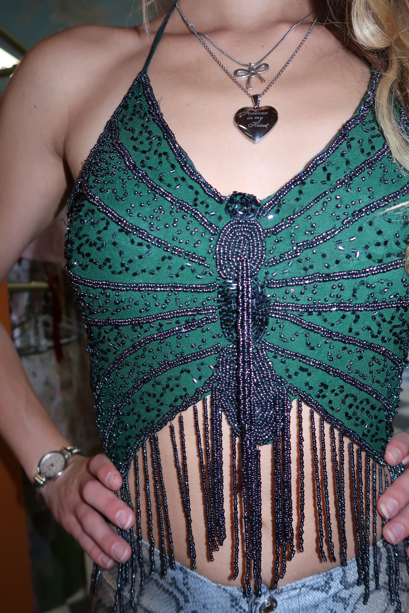 Green Beaded Butterfly Top