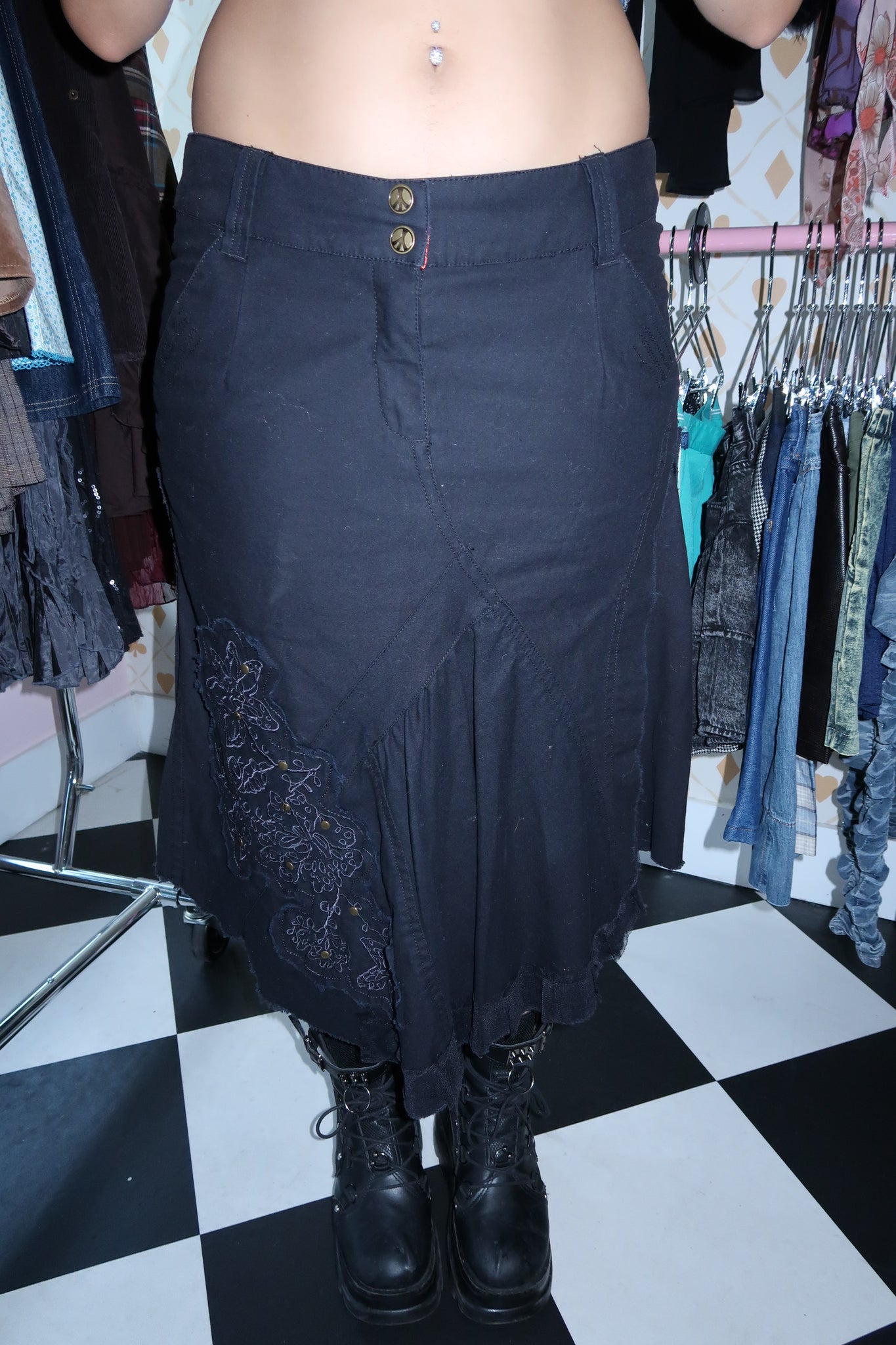 Black Flower Applique Maxi Skirt