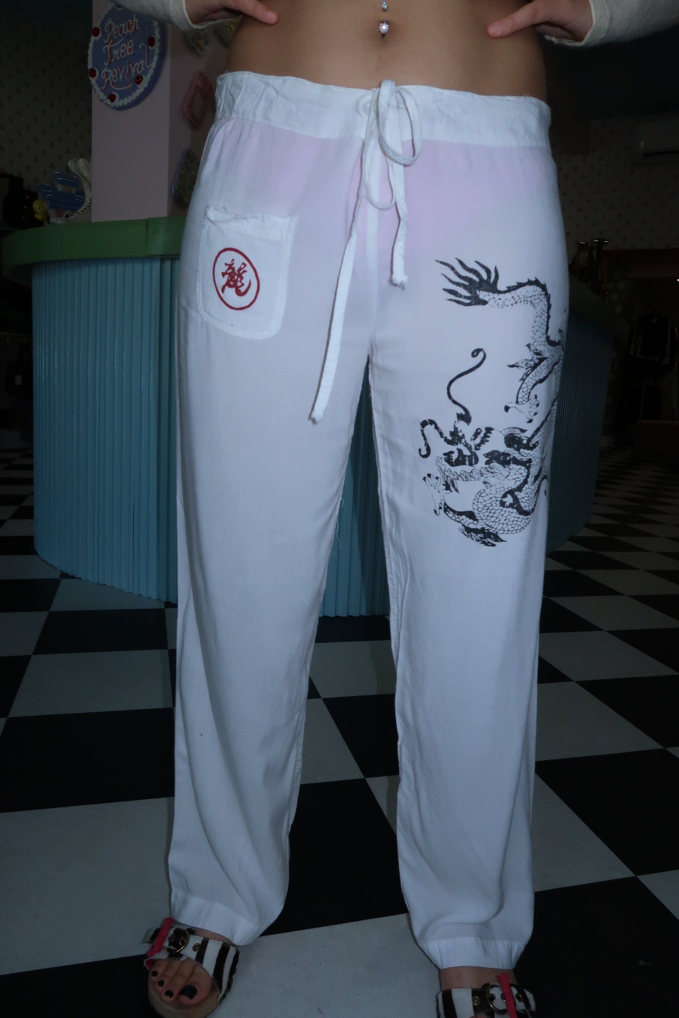 White Dragon Cotton Drawstring Pants
