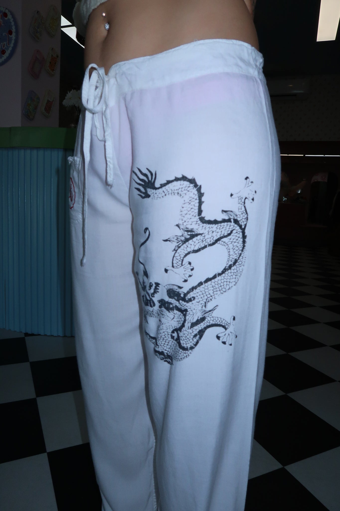 White Dragon Cotton Drawstring Pants