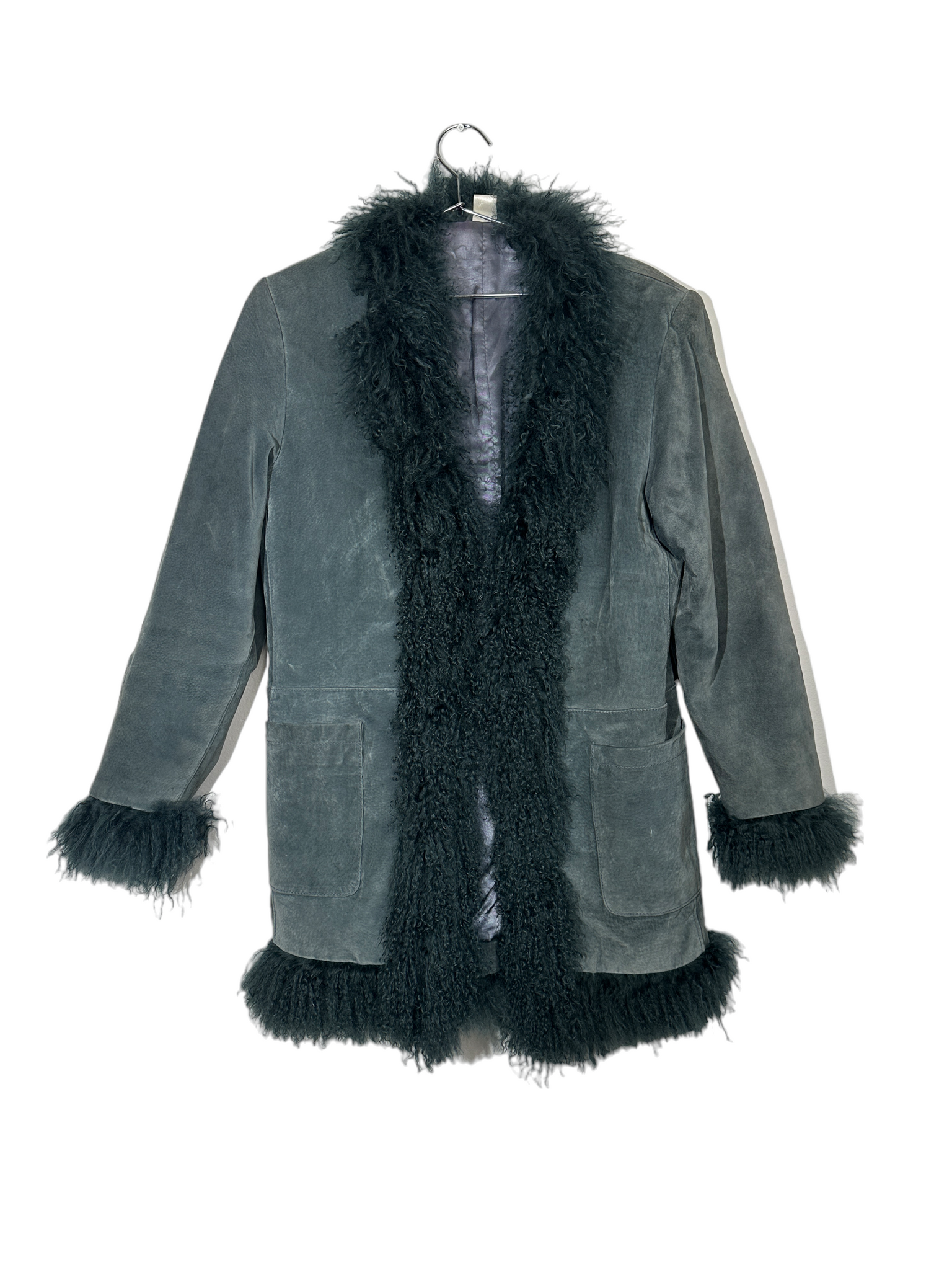 Blue Leather Coat Fur Trim