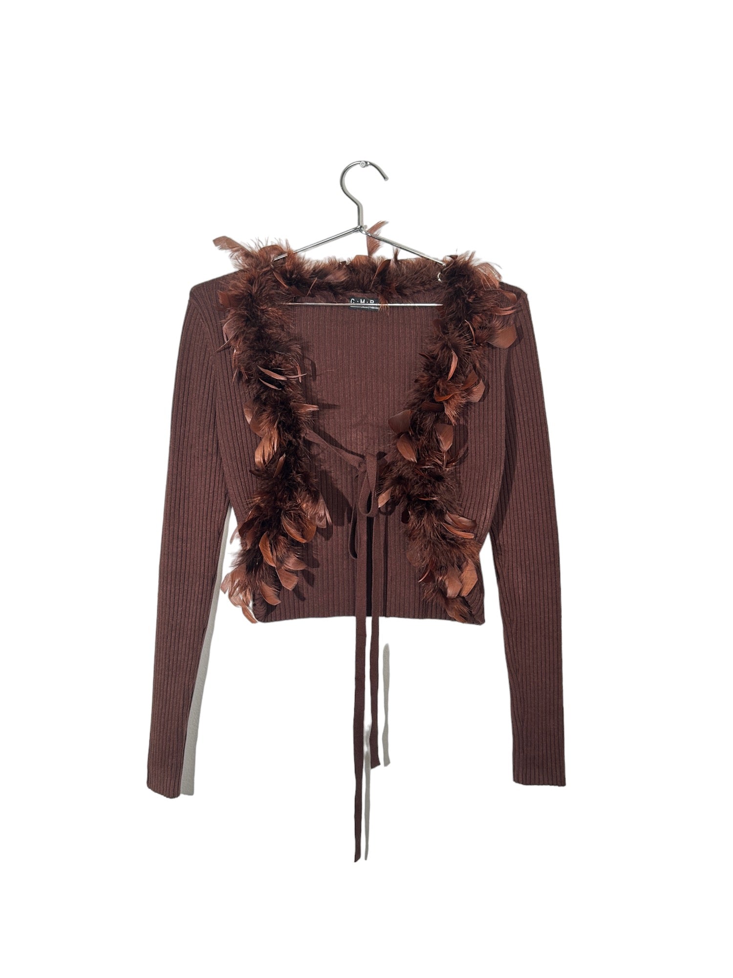 Brown Tie Front Sweater with Feather Trim