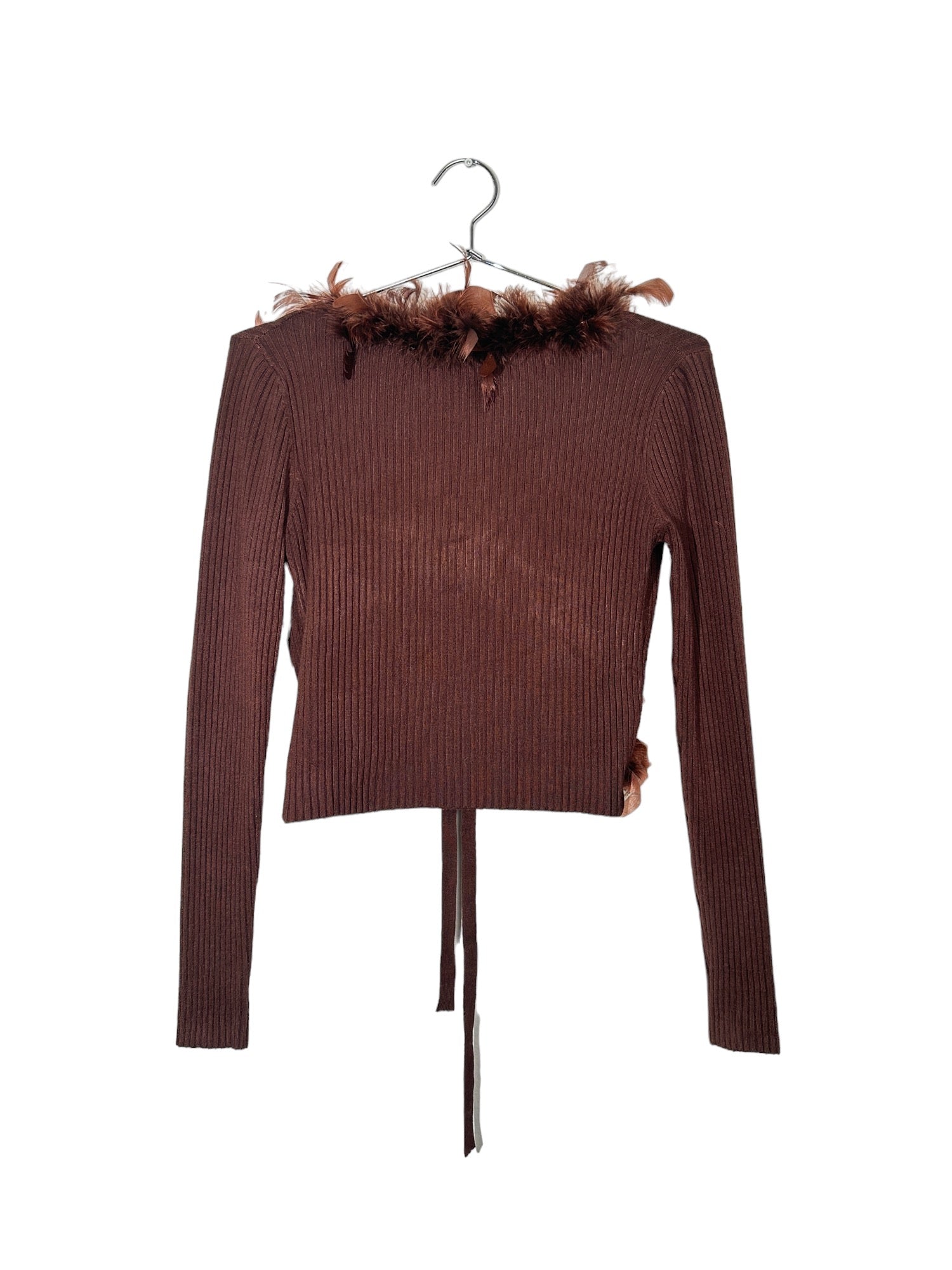 Brown Tie Front Sweater with Feather Trim