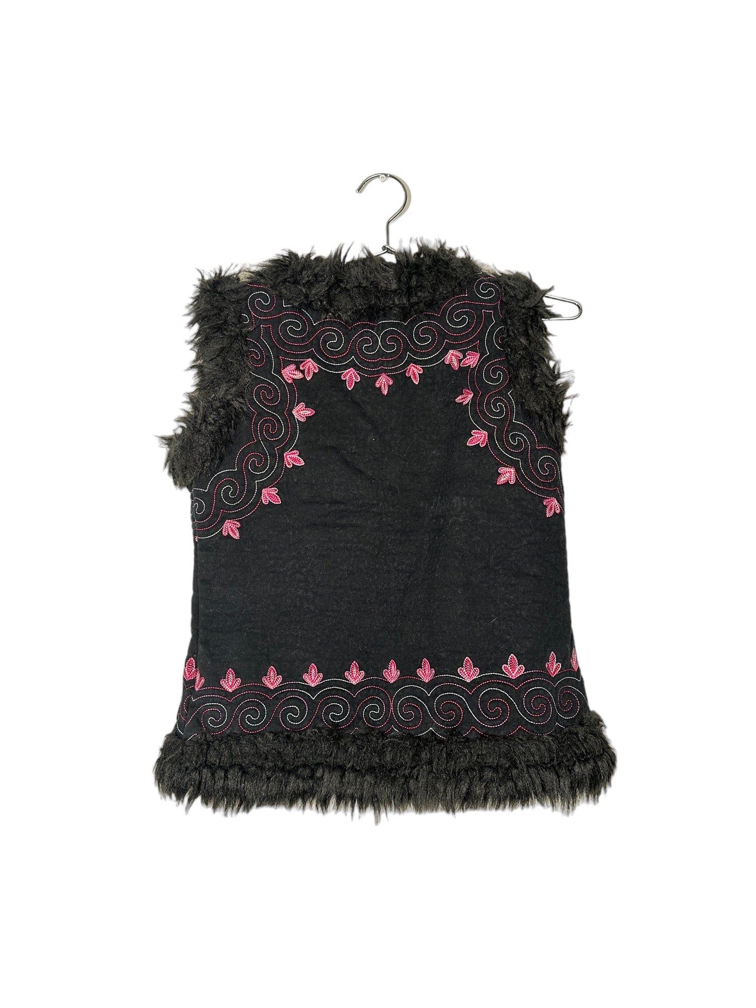 Black Short Sleeve Jacket Furry Trim Pink Embroidery