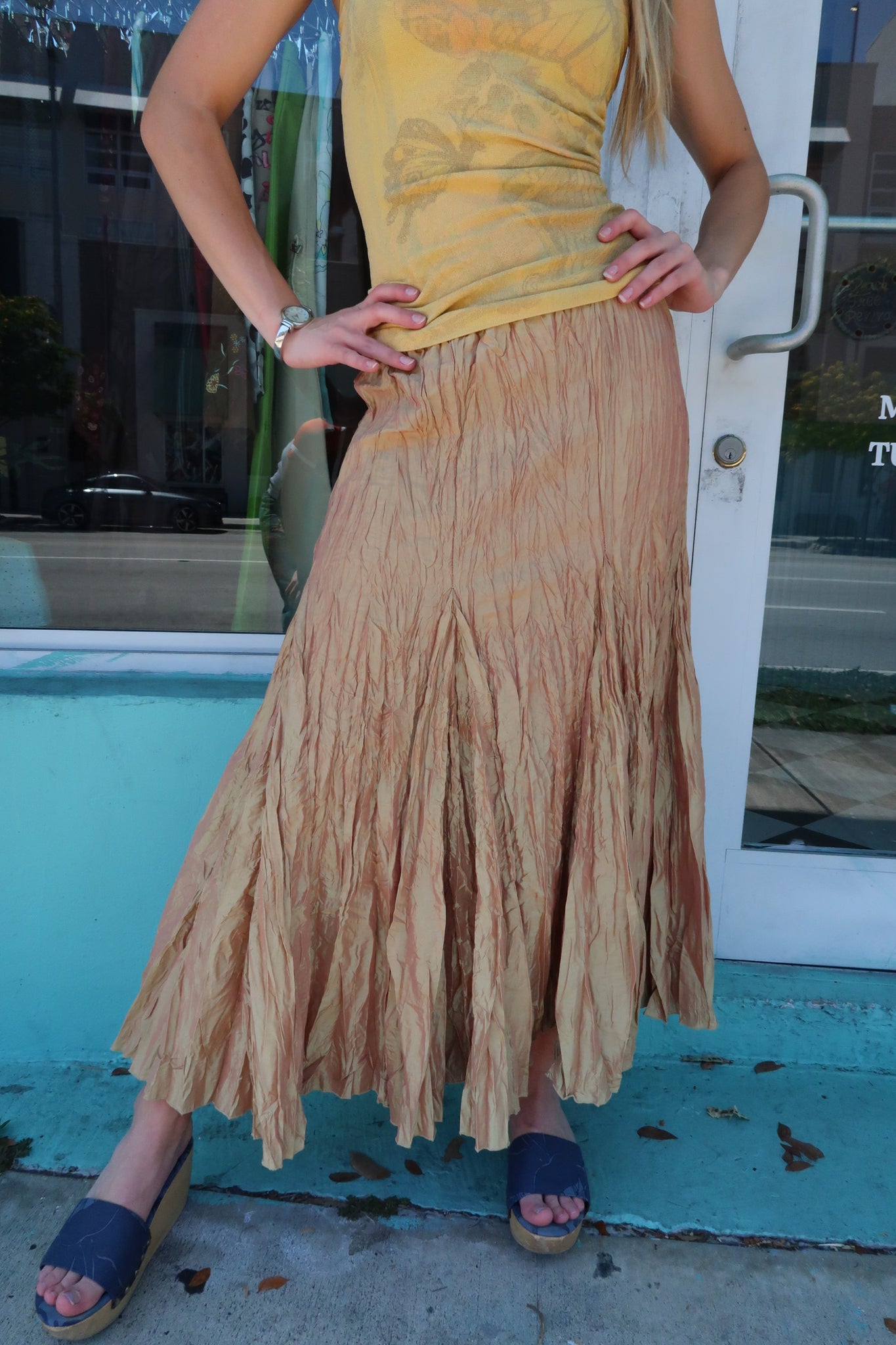 Gold Metallic Crinkled Maxi Skirt