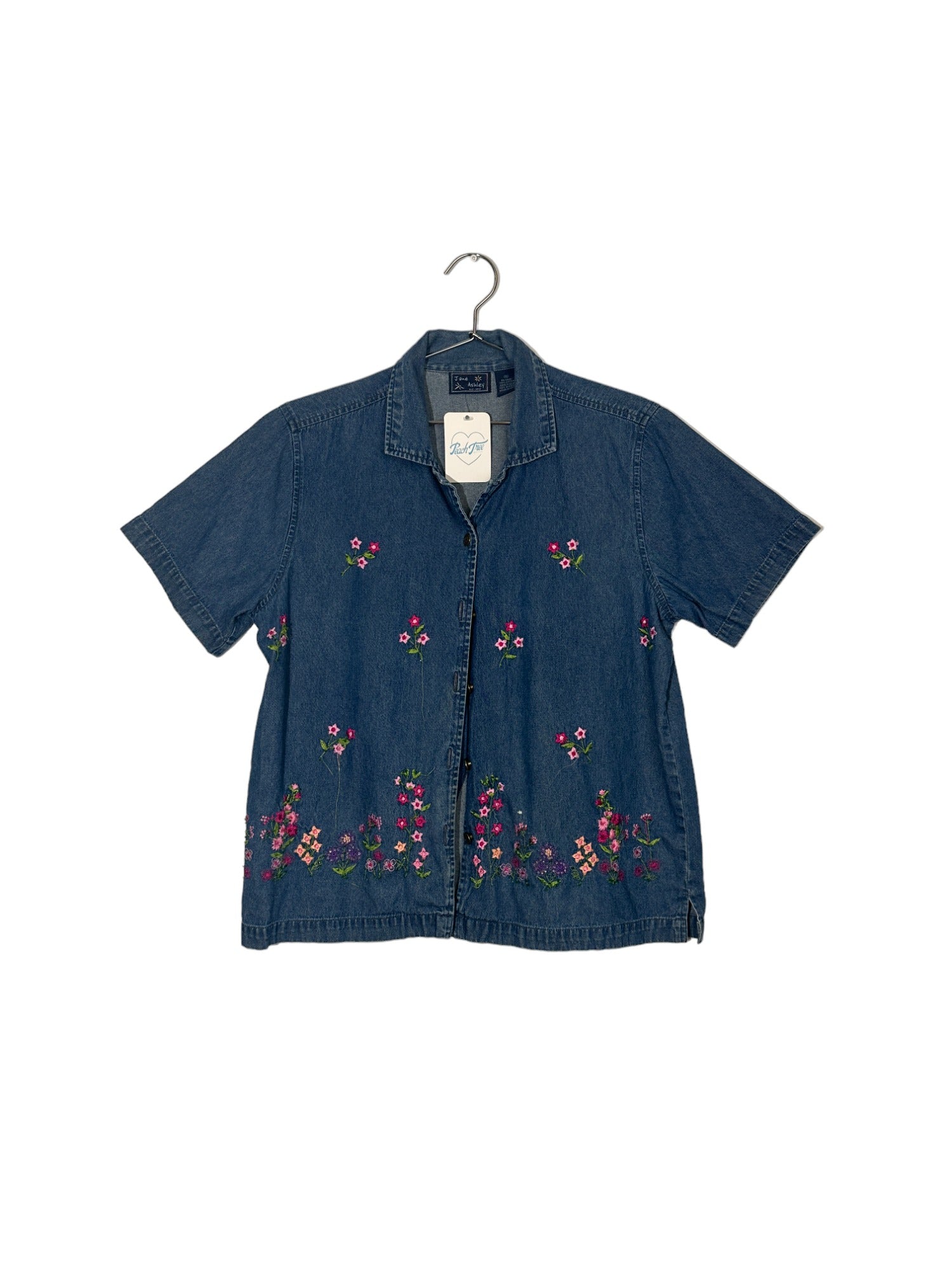 Blue Denim Flower Embroidered Button Up Shirt