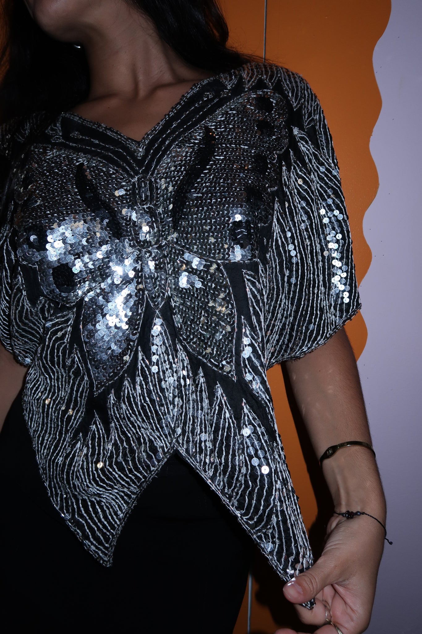 Black Sequin Butterfly Top