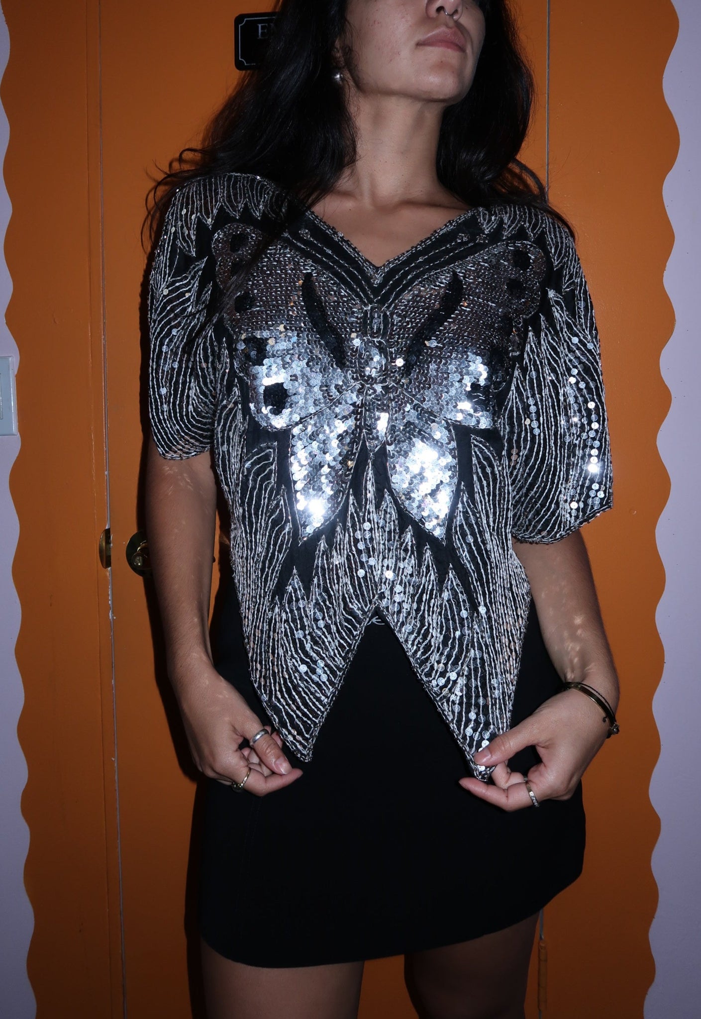 Black Sequin Butterfly Top