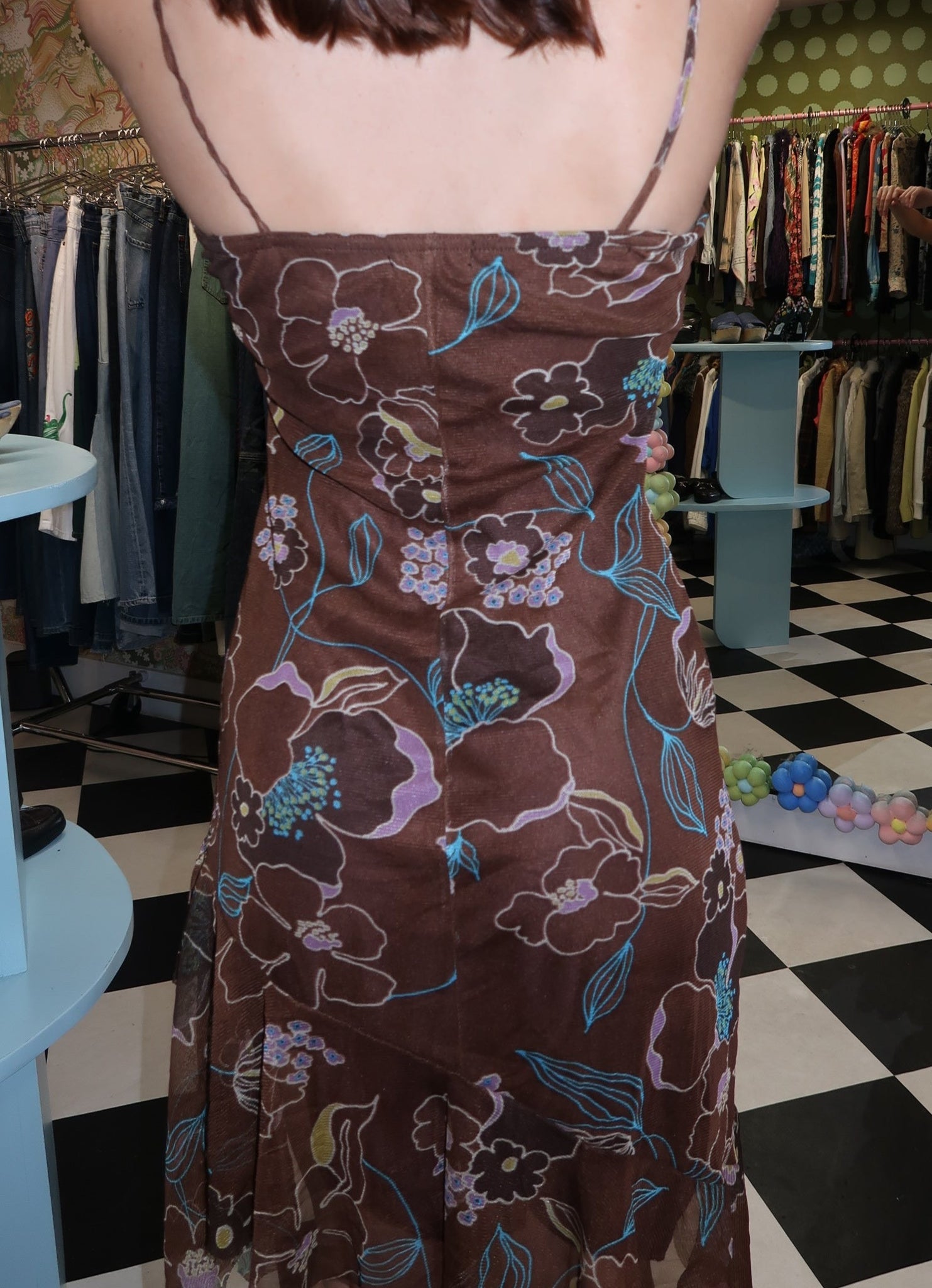 Brown Floral Sheer Ruffled Dress