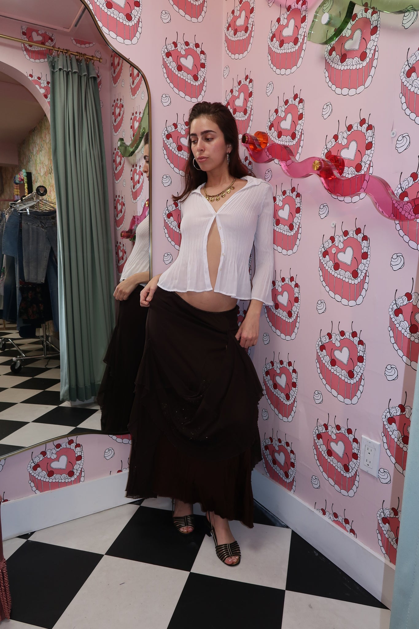 Ruffled Brown Maxi Silk Layered Skirt