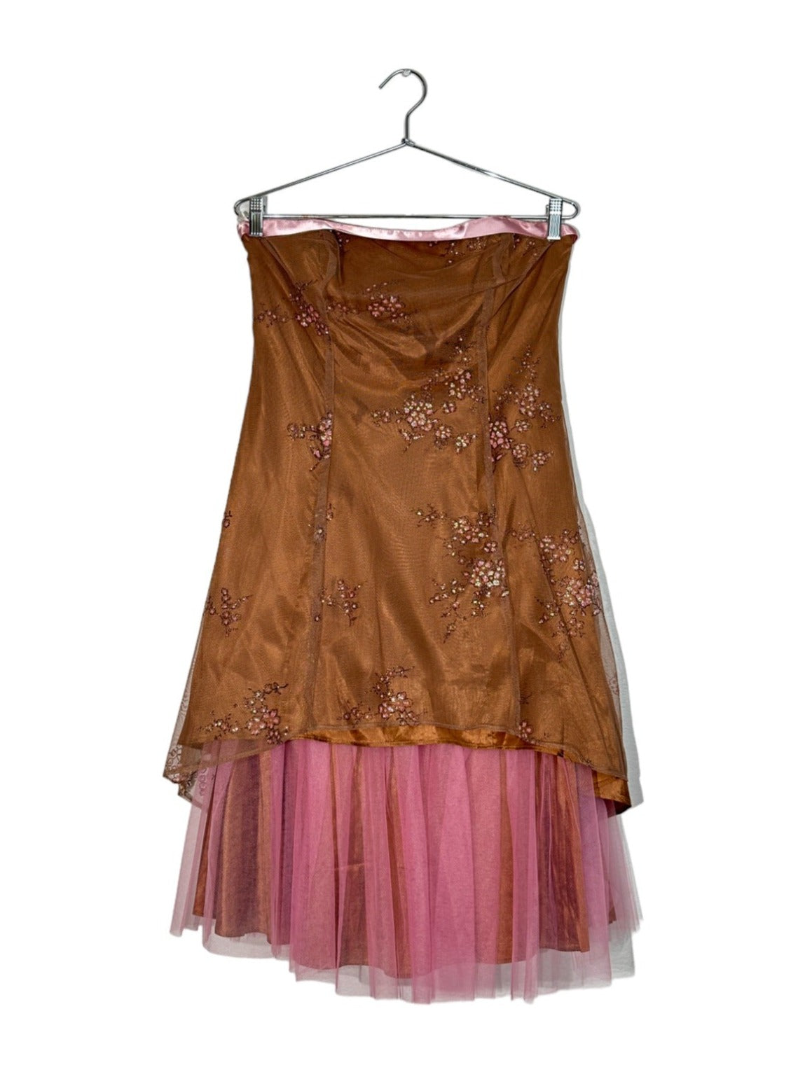 Brown & Pink Floral Detailing Strapless Dress