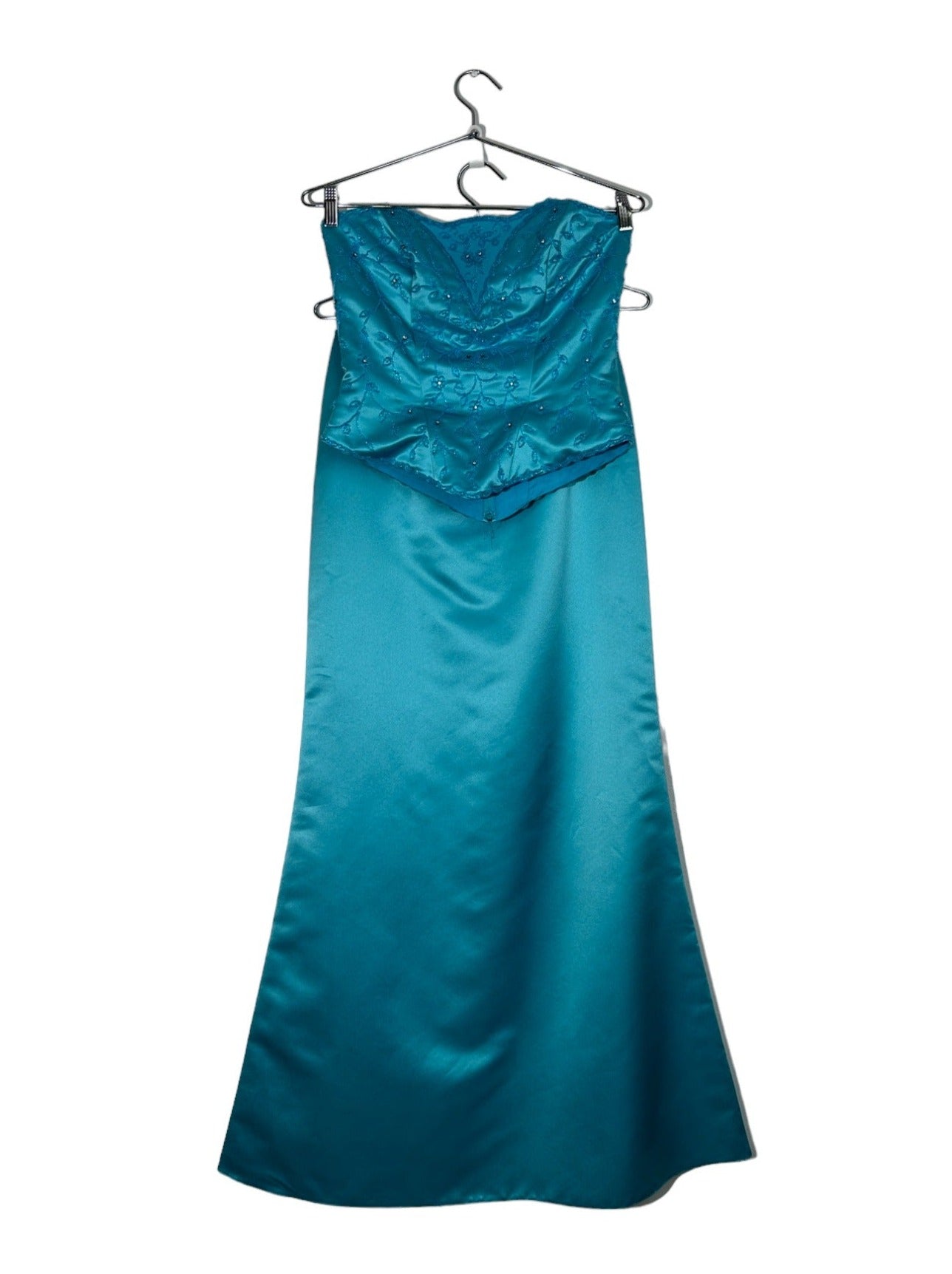 Teal Floral Beaded Strapless Top & Maxi Skirt Set