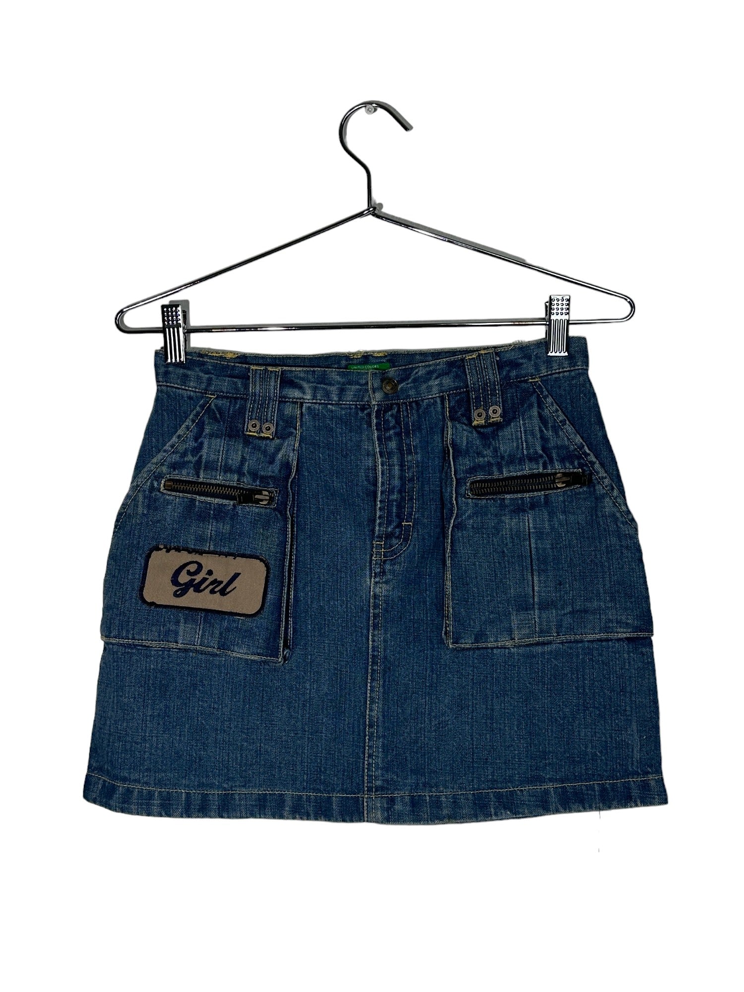 Blue "Crazy Girl" Patch Denim Mini Skirt