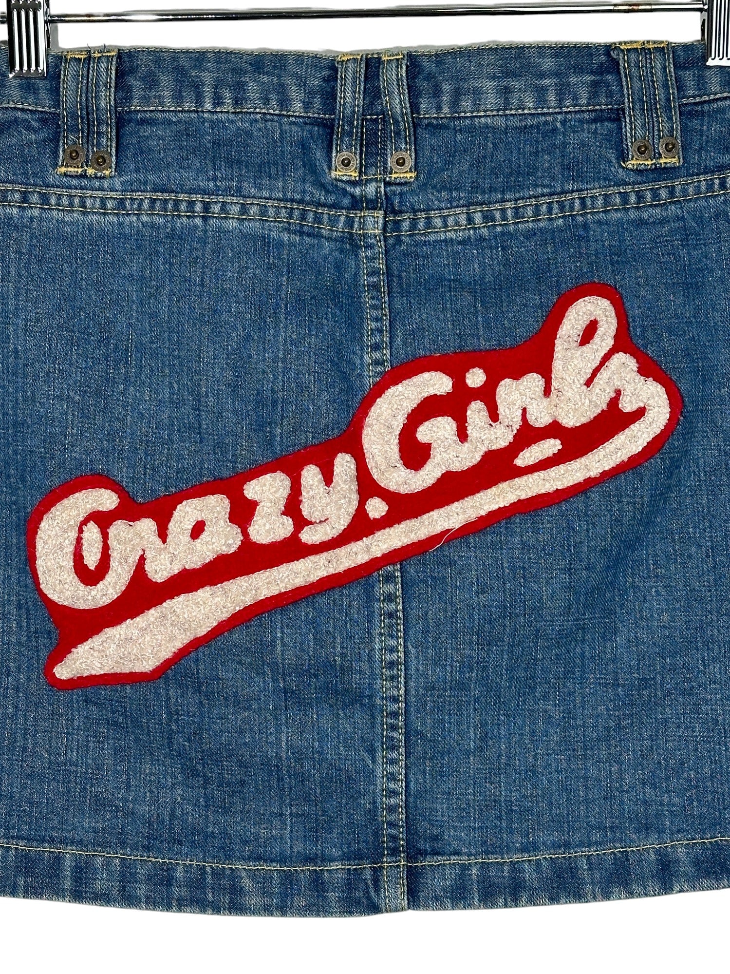 Blue "Crazy Girl" Patch Denim Mini Skirt