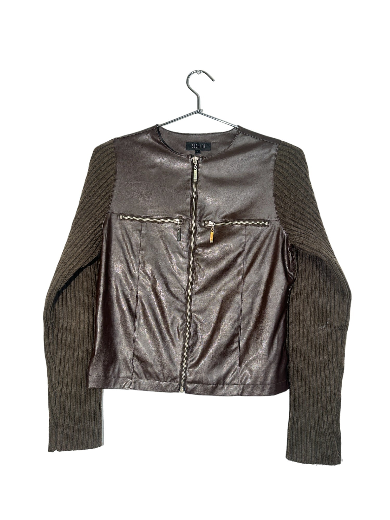 Brown Faux Leather Ribbed Jacket