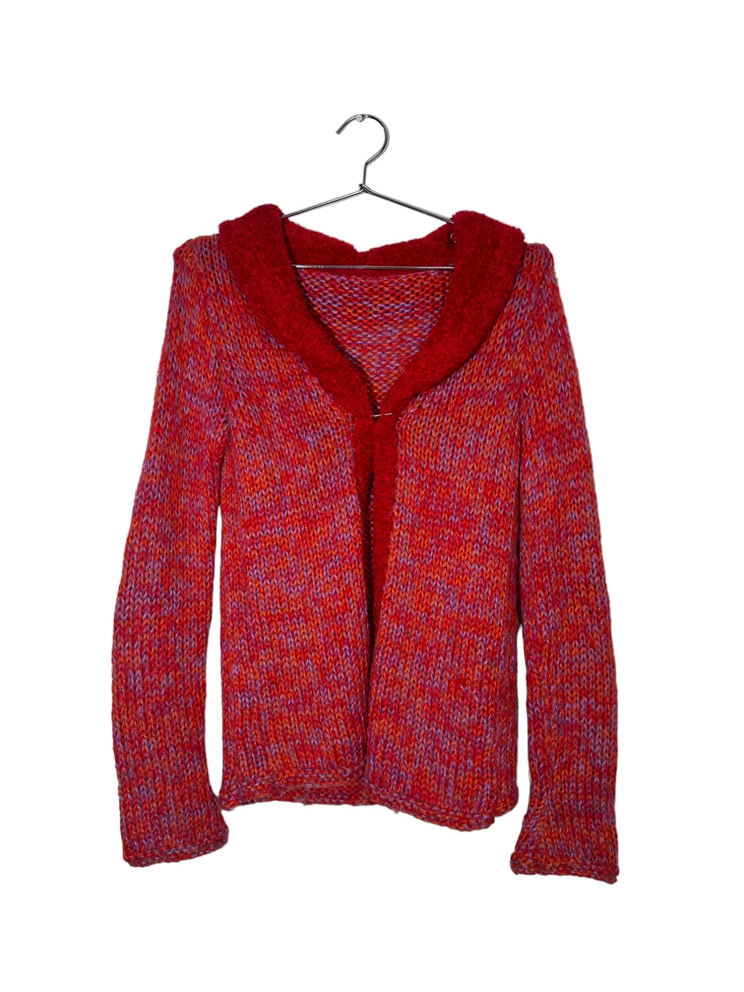 Red Fuzzy Trim Knit Cardigan