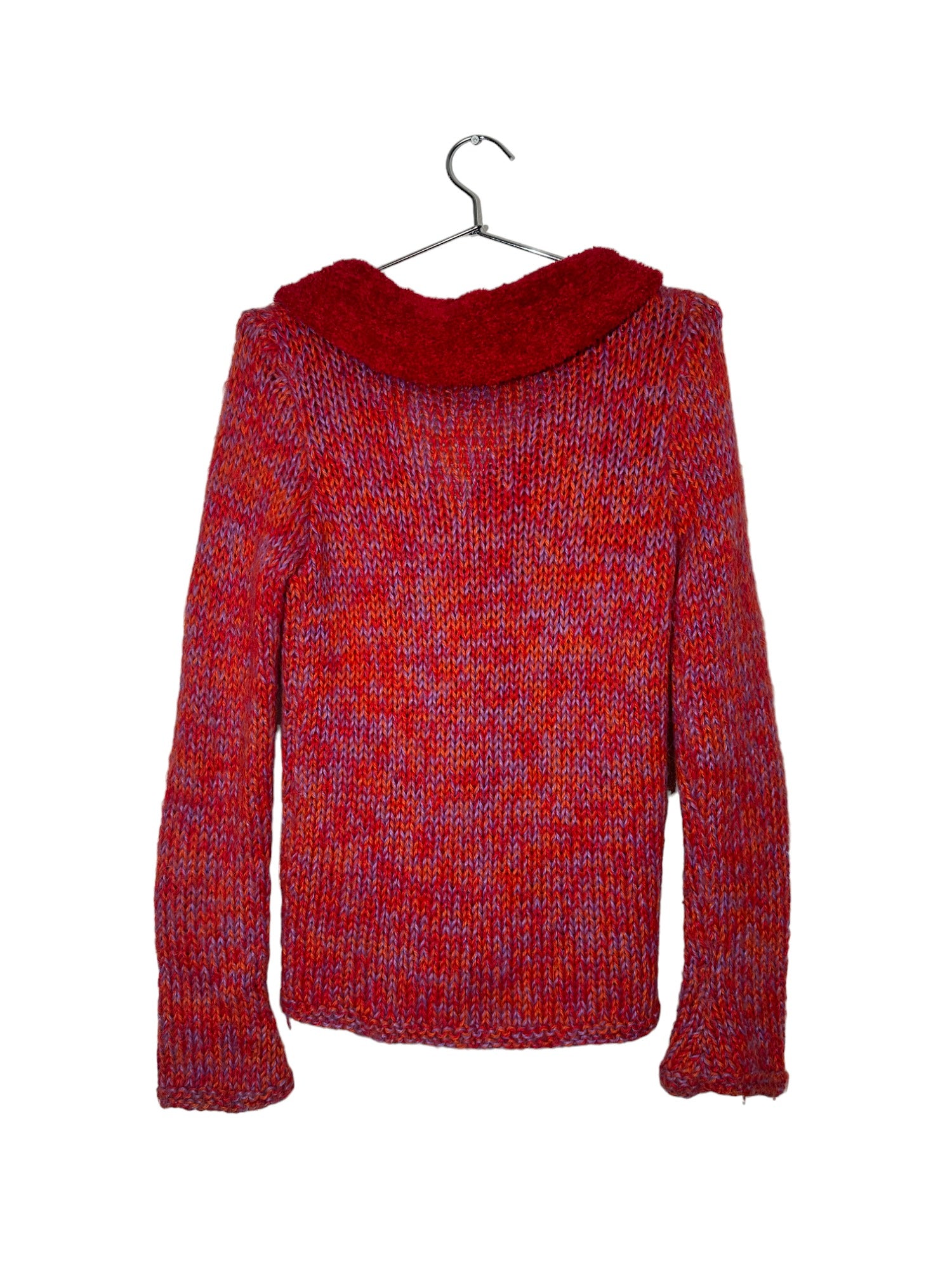 Red Fuzzy Trim Knit Cardigan