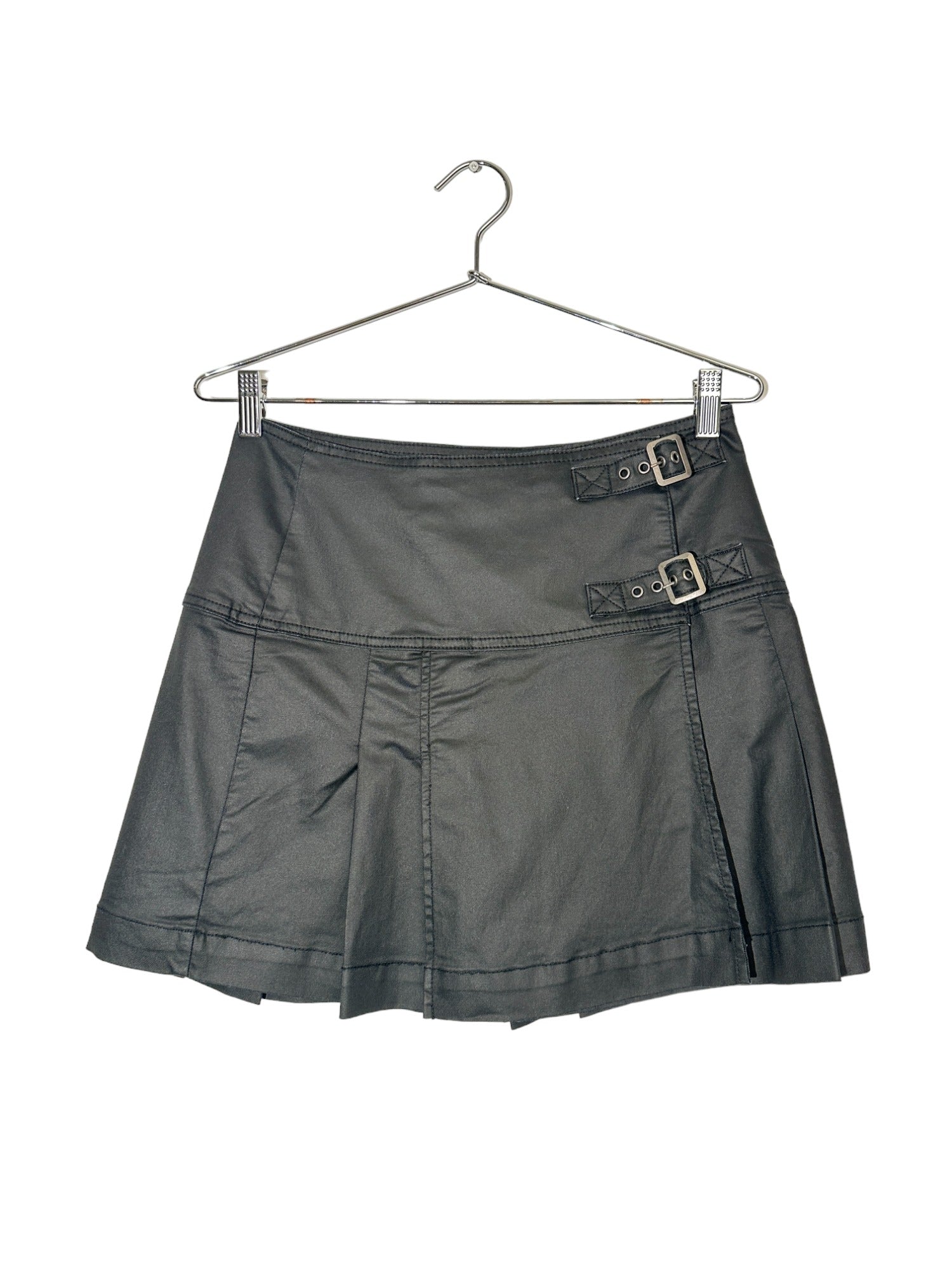 Black Double Belt Wrap Mini Skirt