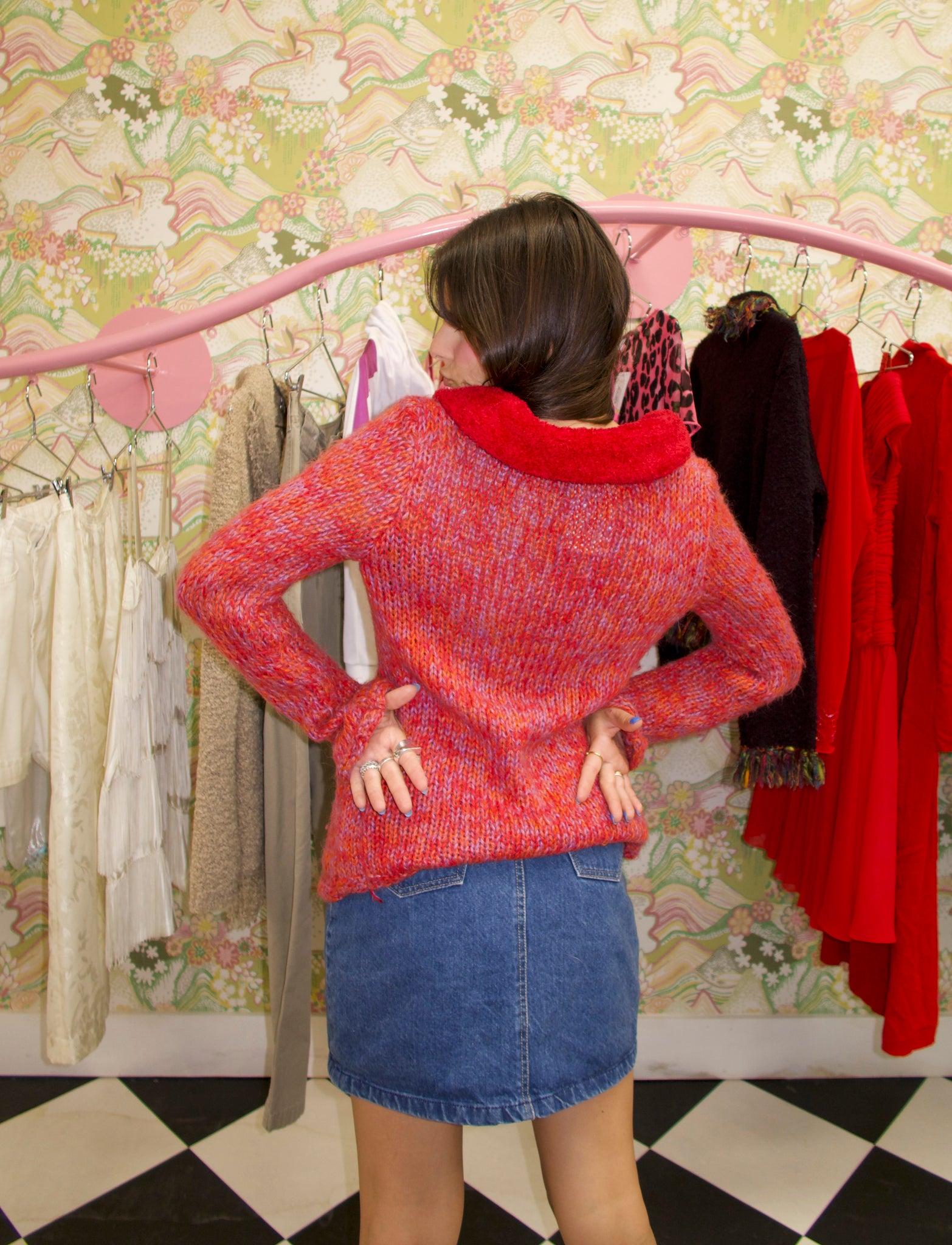 Red Fuzzy Trim Knit Cardigan