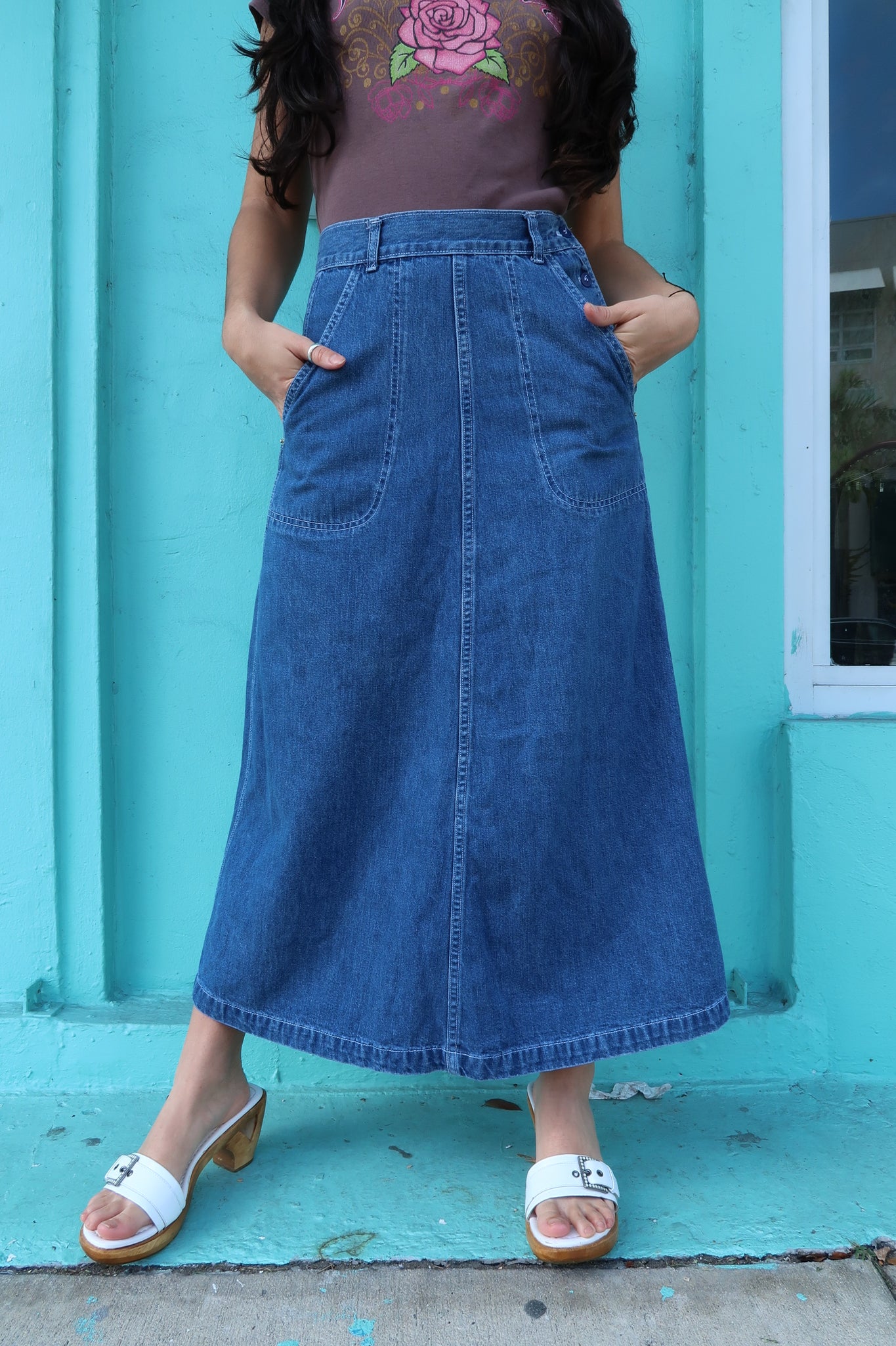 Blue Denim Button Closure Maxi Skirt