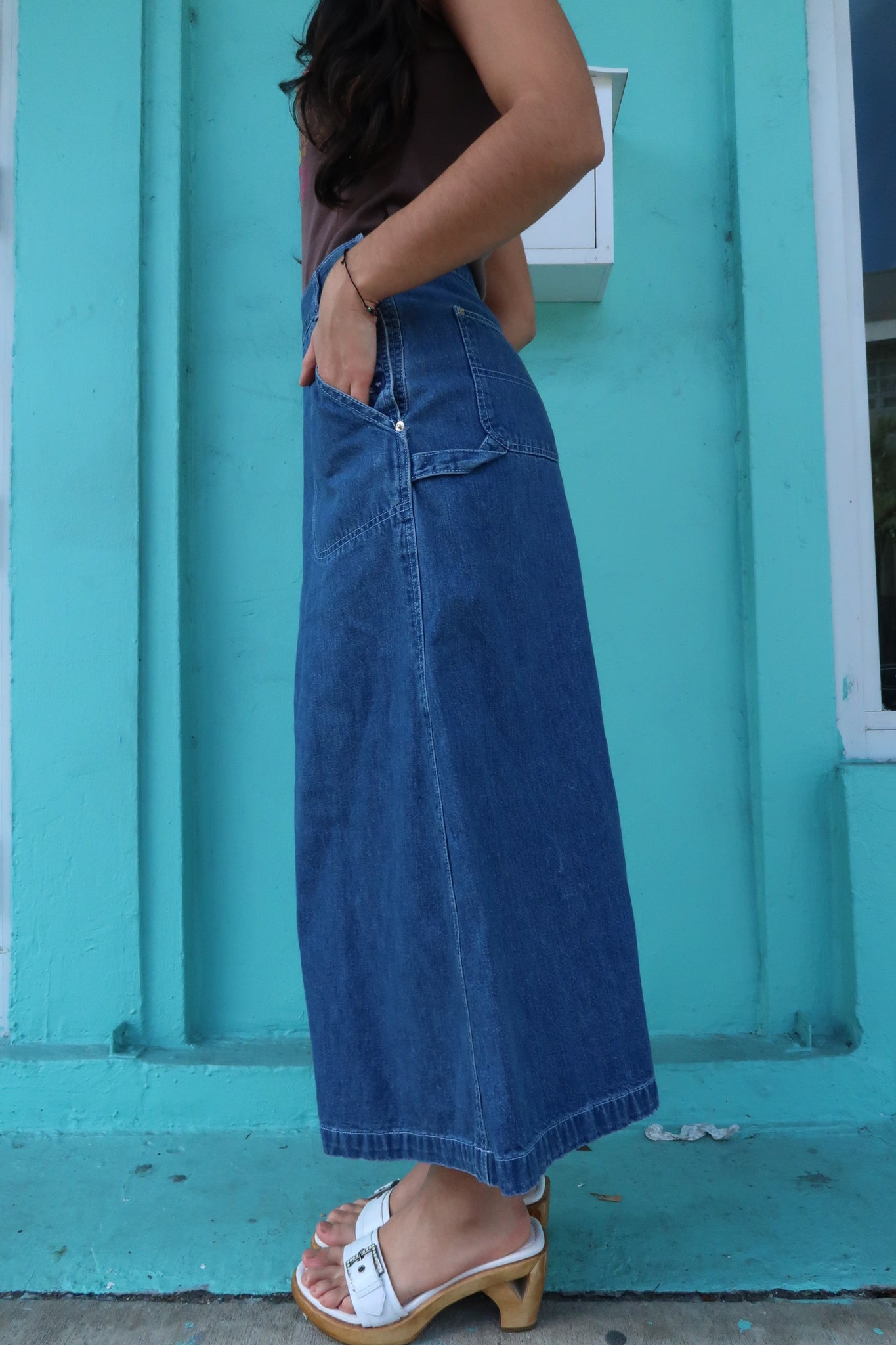 Blue Denim Button Closure Maxi Skirt