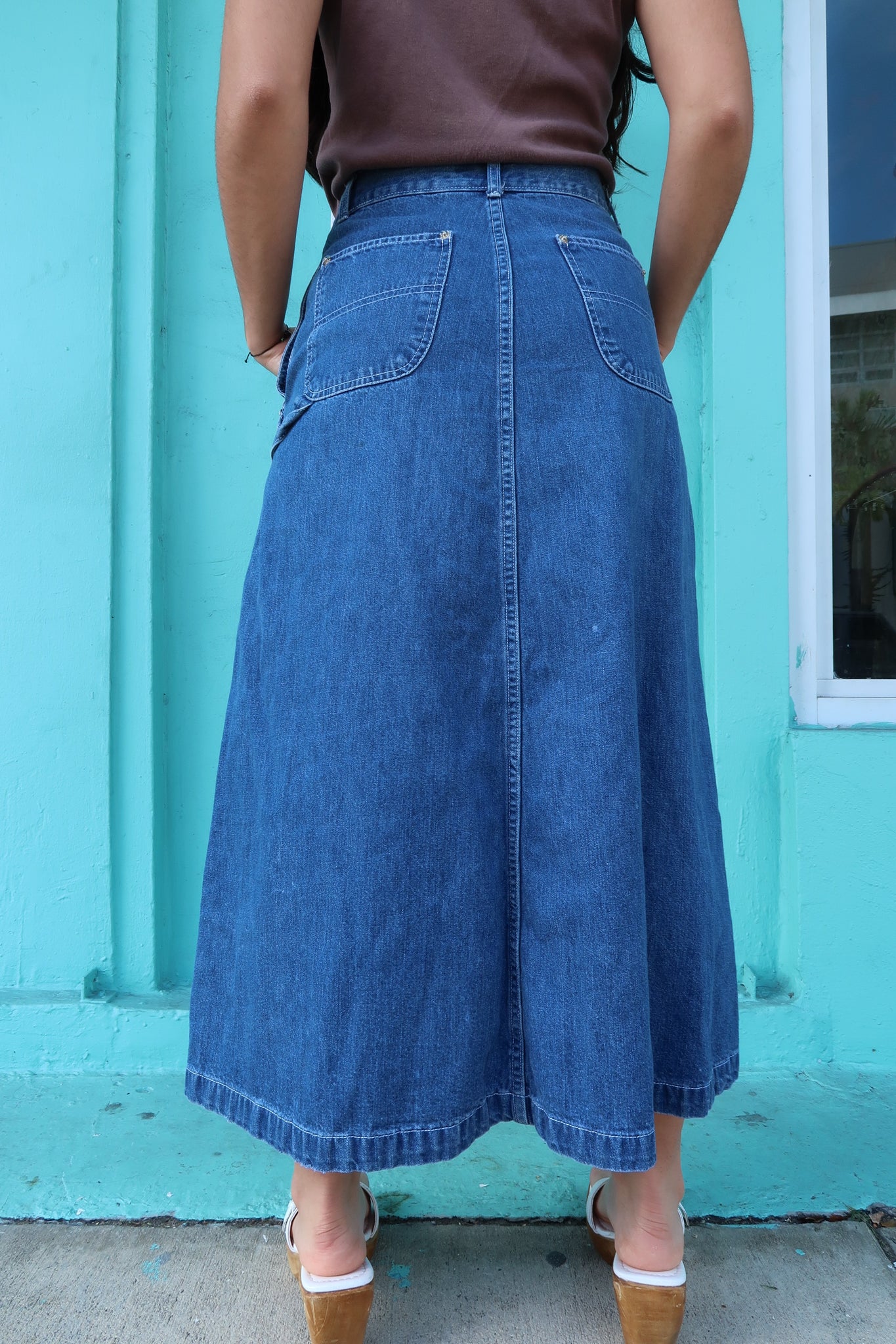 Blue Denim Button Closure Maxi Skirt